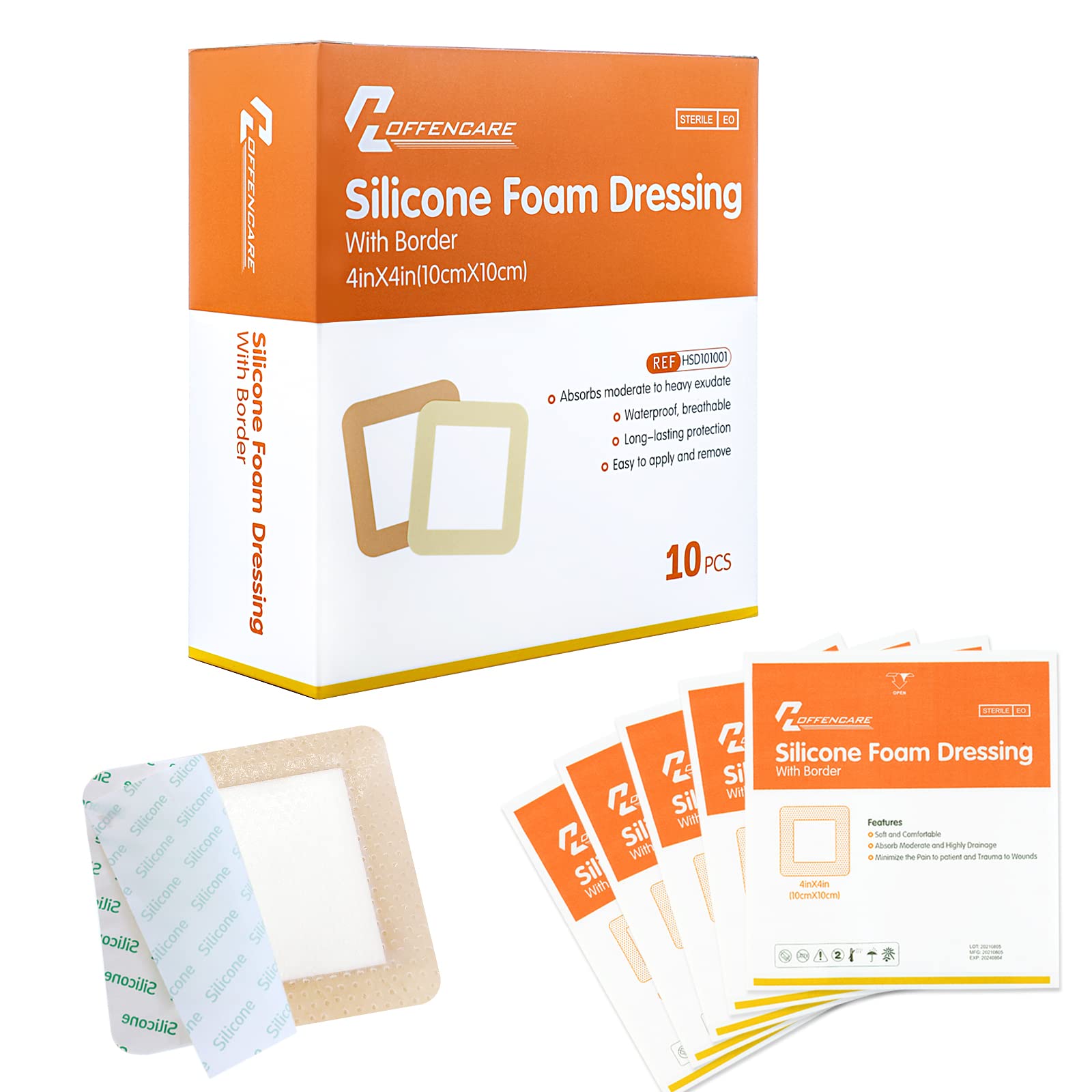 Silicone Adhesive Foam Dressing with Gentle Border 4''x4'' - 15 Pack High Absorbency Waterproof Wound Bandage for Bed Sores, Leg Ulcers, and Foot