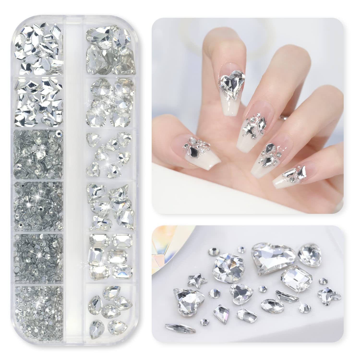 GAOY White Rhinestones for Nails 1180 Pcs Nail Gems for Craft 12 Styles  Clear 3D Multi Shapes and Round Flat Back Crystal Jewels Decorate DIY Set  Clear White