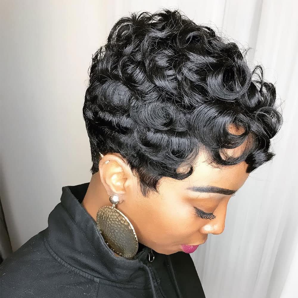 Yviann Pixie Cut Wigs Short Human Hair Wigs for Black Women Short Straight  Black Ladies Wigs 1B Color