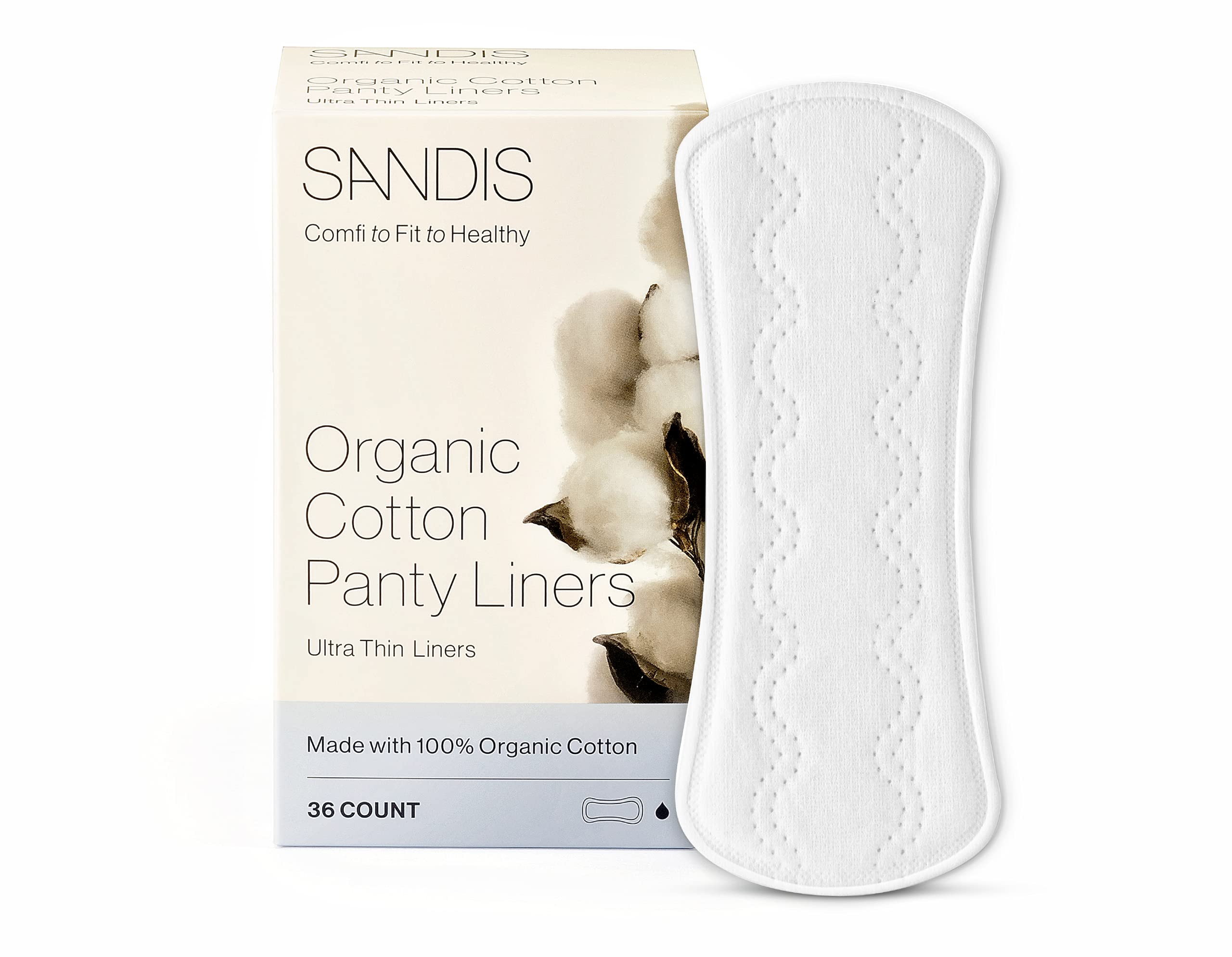 SANDIS Panty Liners for Women - 36 Count 100% Organic Cotton Ultra