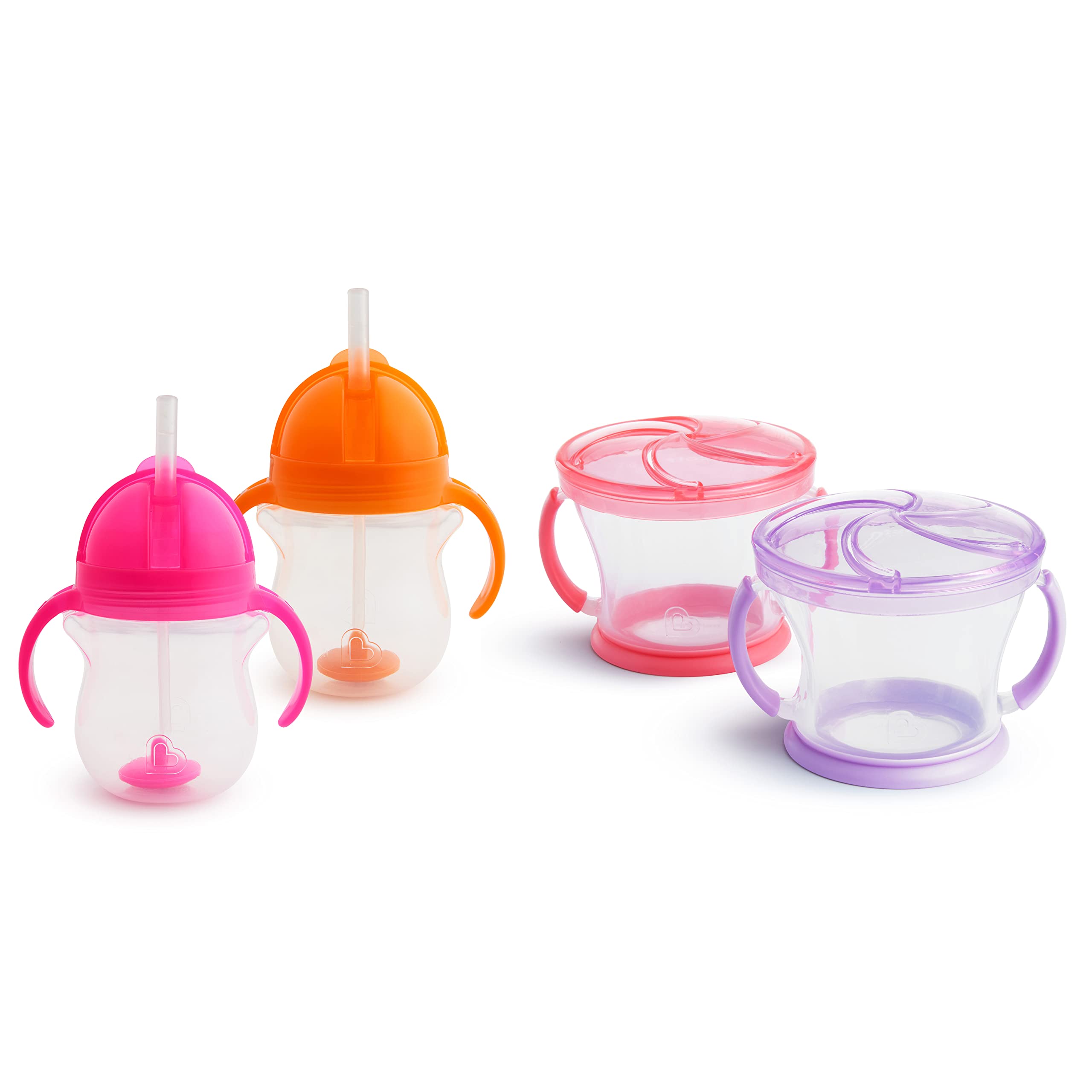 Munchkin Happy Snacker Snack Catcher and Toddler Weighted Straw Sippy Cup  Set 4 Count Pink/Purple/Orange