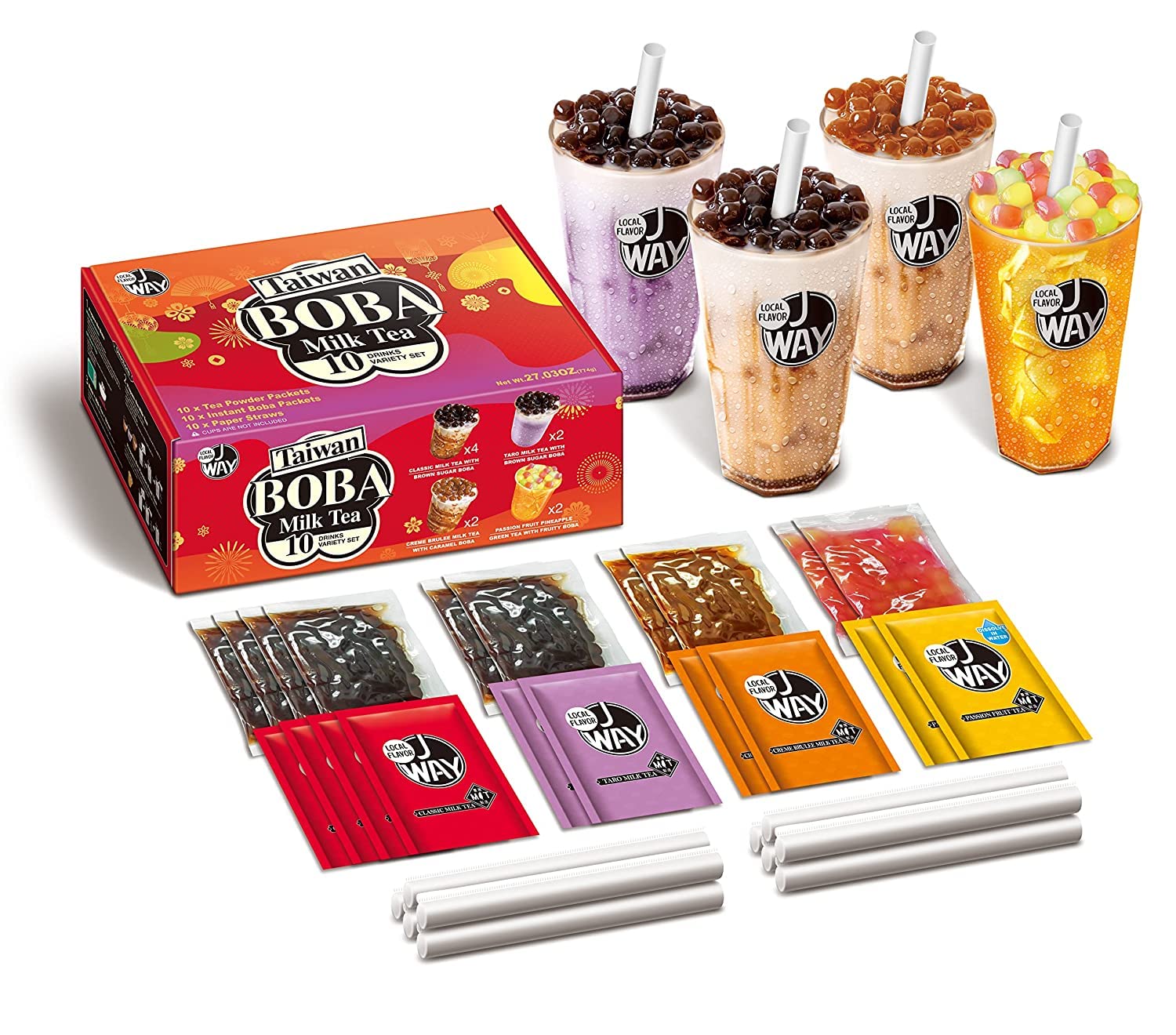 J WAY Instant Boba Bubble Pearl Variety Milk Tea Fruity Tea Kit with  Authentic Brown Sugar Caramel Fruity Tapioca Boba, Ready in Under One  Minute, Paper Straws Included - Gift Box 