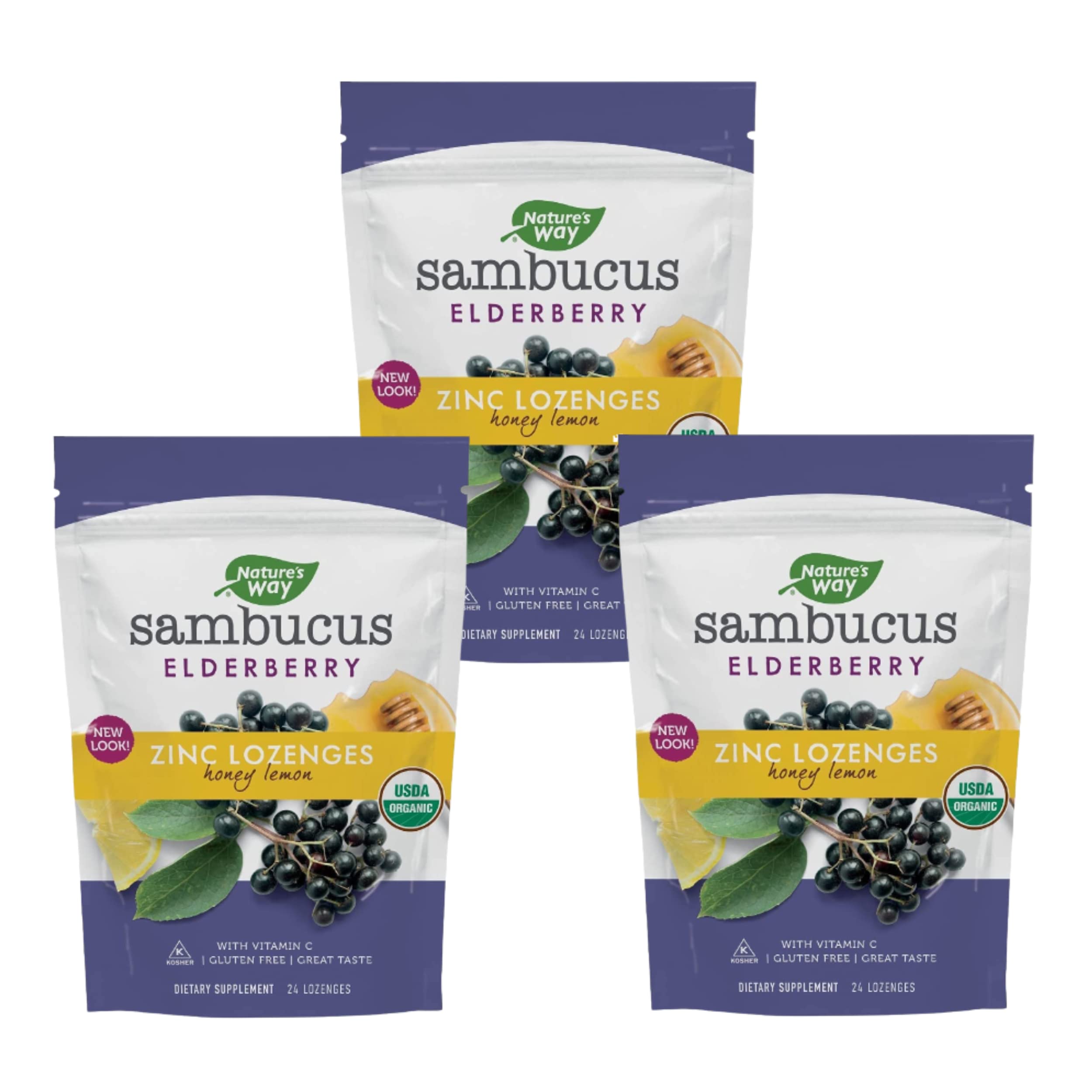 Nature's Way Sambucus Zinc Lozenges with Elderberry and Vitamin C Honey Lemon Flavor 24 Lozenges