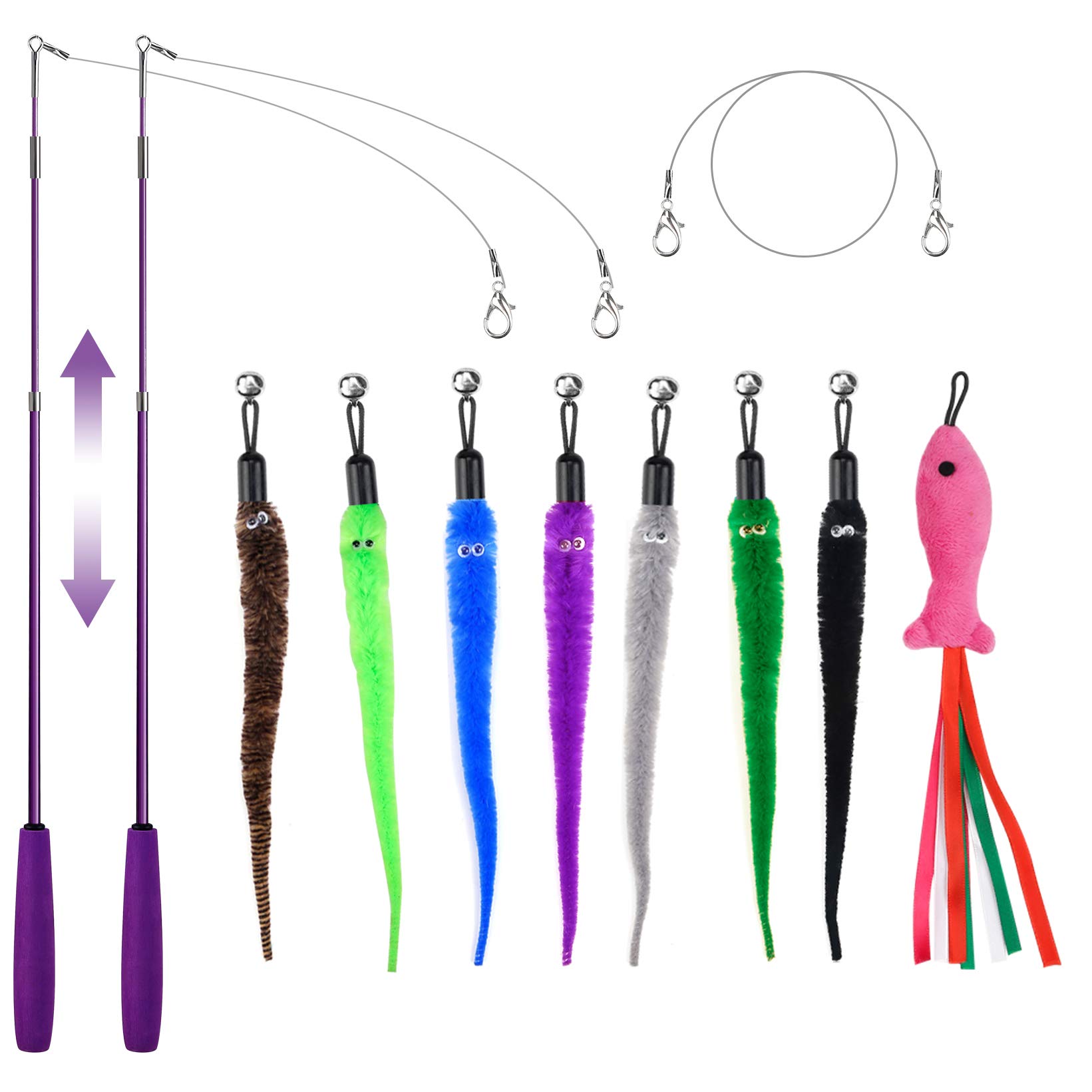 Retractable Cat Toy Wand, 11 Packs Interactive Cat Feather Toys, 7 Worms  and 1 Fish Teaser