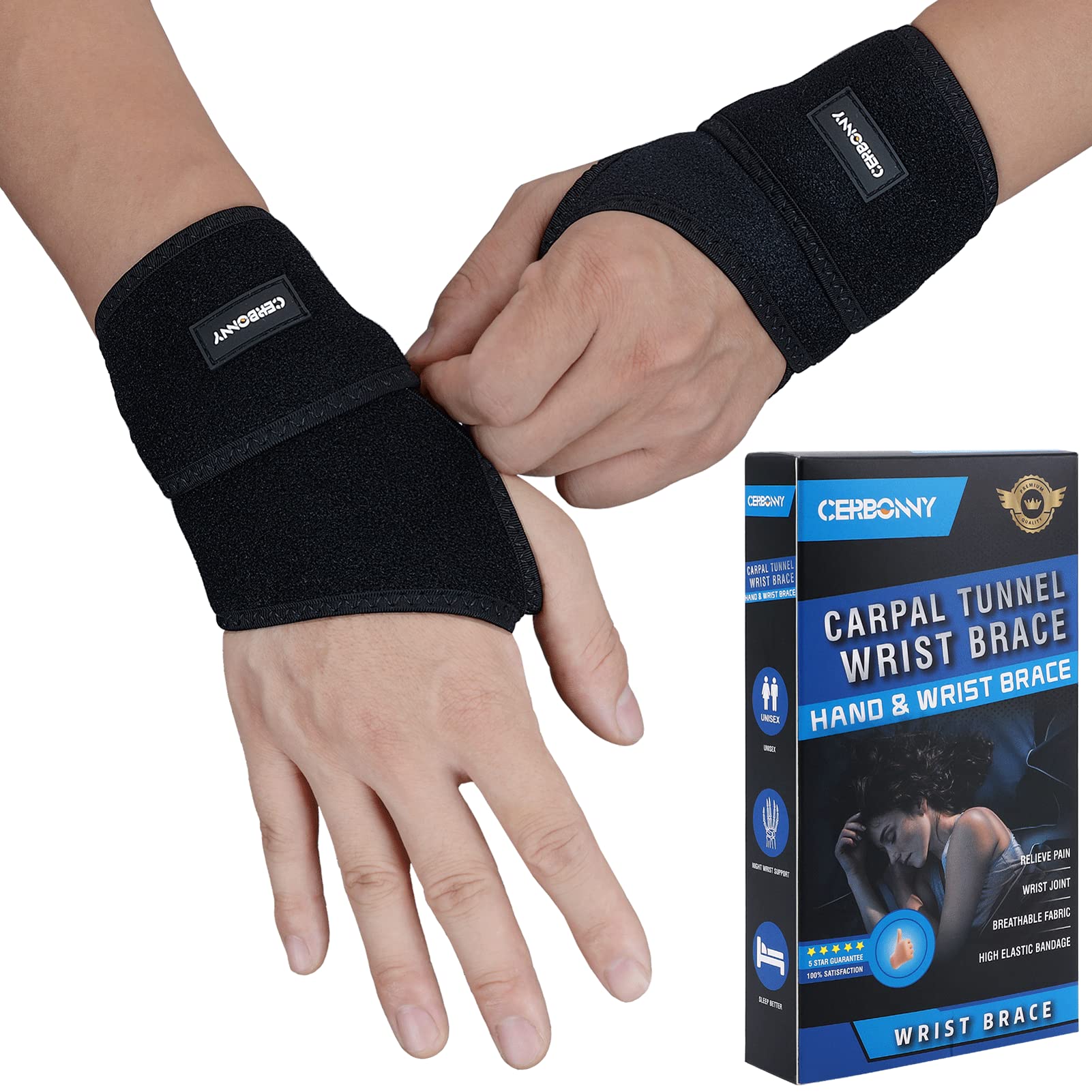 CERBONNY Carpal Tunnel Wrist Brace ,2Pack Wrist Support Brace Adjustable  Wrist Strap Reversible Wrist Brace for