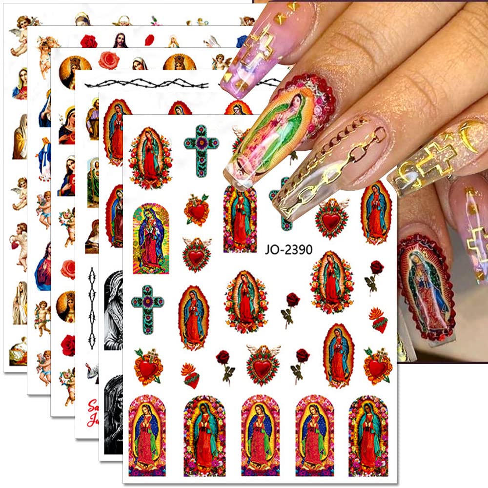 Dornail 12 Sheets Virgin Mary Nail Art Stickers Christian Jesus San Judas  Nail Stickers 3D Self-Adhesive Nail Design Baby Angel Wings Nail Decals for  Women DIY Nail Decorations for Nail Art Supplies