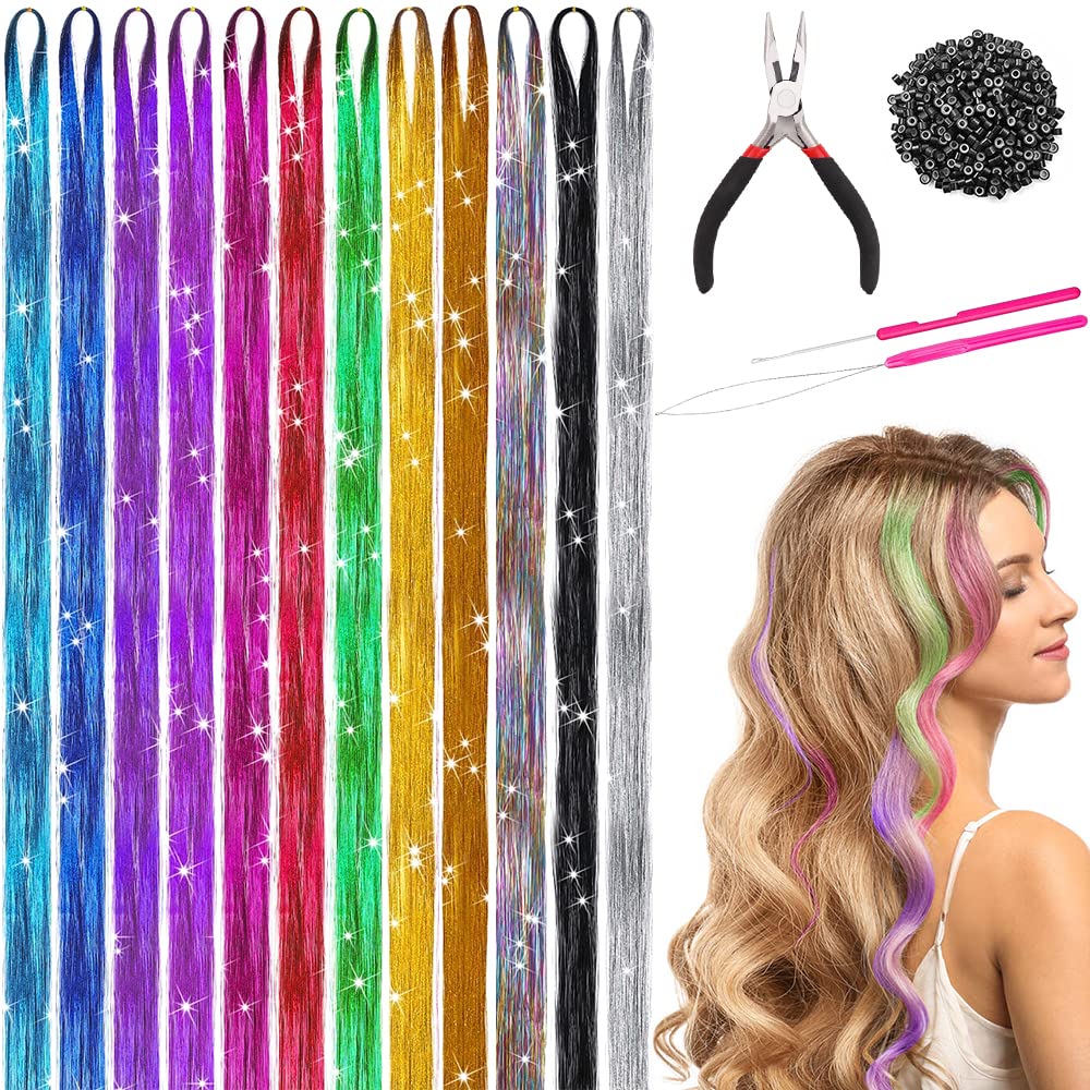 Gosuoa 48 Inches Hair Tinsel Kit 12 Colors 2400 Strands Tinsel Hair  Extensions with Tools Heat Resistant Glitter Fairy Hair Tinsel Kit for  Women Girls Hair Accessories