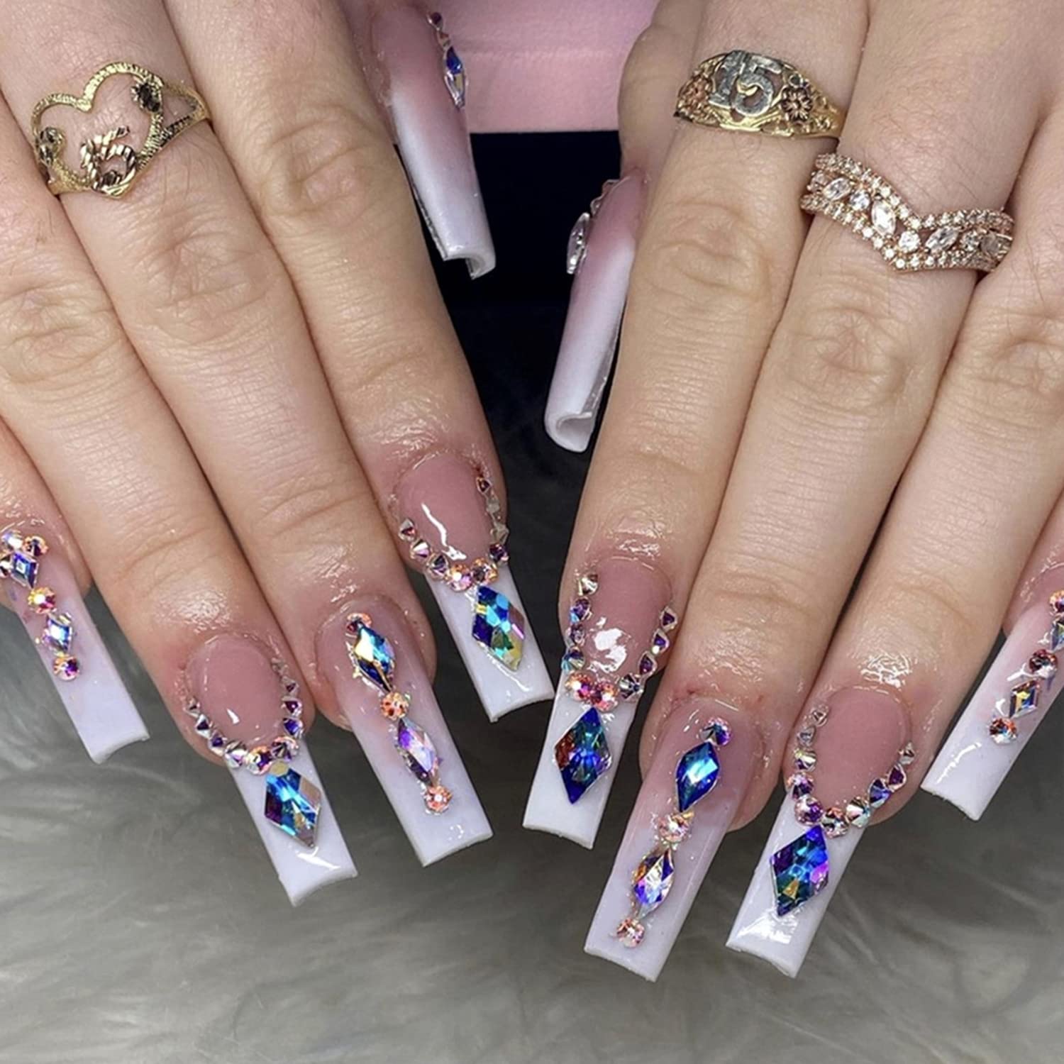 Amazon.com: RikView Long Press on Nails Glitter Acrylic Nails with  Butterfly Design Coffin Fake Nails Nude Nails : Beauty & Personal Care