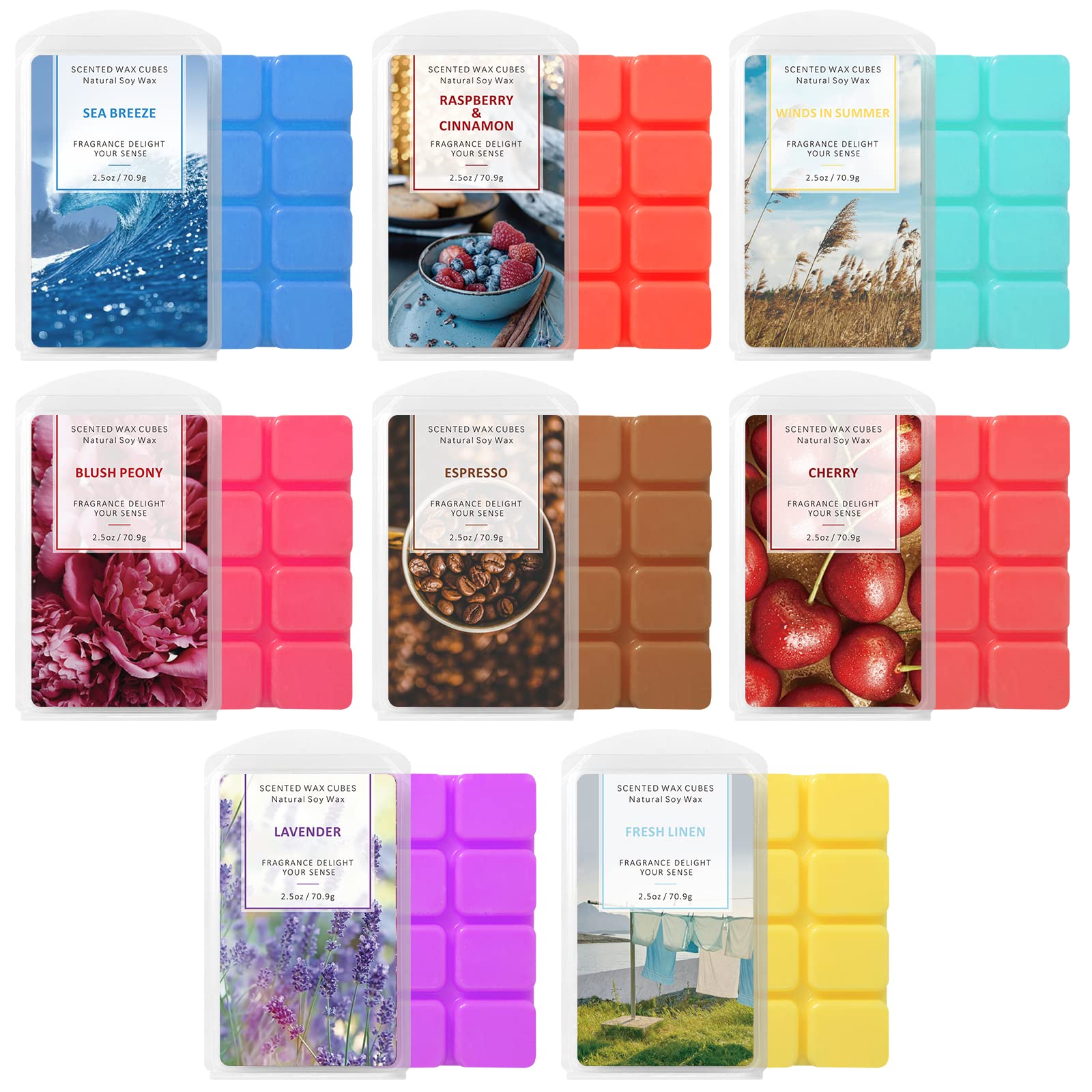 Wax Melts Wax Cubes, Scented Wax Melts, Scented Wax Cubes, Soy Wax Cubes  for Warmers, Soy Wax Cubes Candle Melts 8 Pack (8x2.5oz) Blush Peony,  Raspberry&cinnamon Lavender, Sea Breeze, Winds in Summer