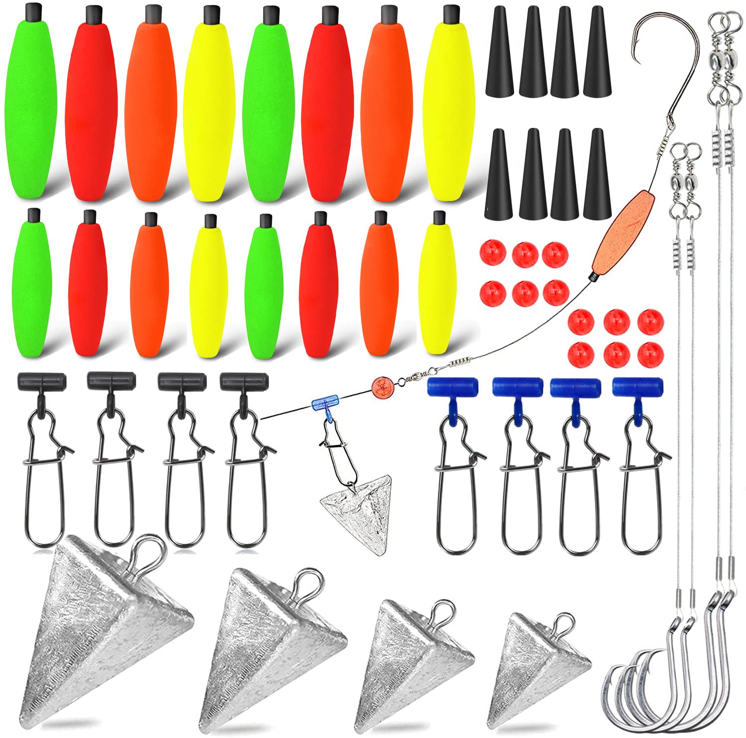 Surf Fishing Tackle Kit,Saltwater Fishing Gear Surf Fishing Rigs Pyramid  Weights Sinker Slide Foam Floats Leaders Various Accessories Ocean Beach