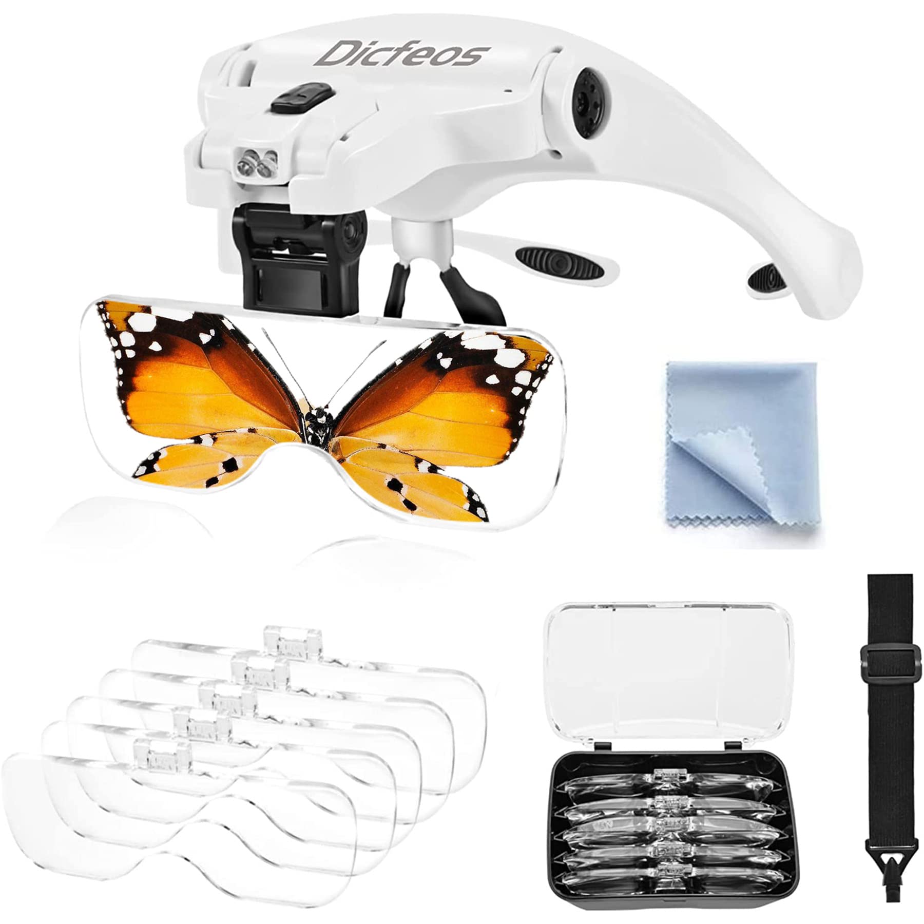 VISION AID Magnifying Glasses with LED Light, Headband, 5 Lenses