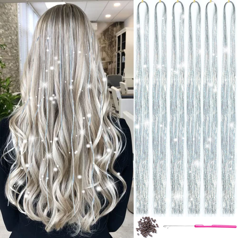 Silver Hair Tinsel Kit With Tool Hair Tinsel Heat Resistant Fairy Hair  Glitter Hair Extensions 6Pcs 1200Strands Sparkling Shiny Hair Tinsel  Tensile Hair Extensions for Women Girls (Silver)