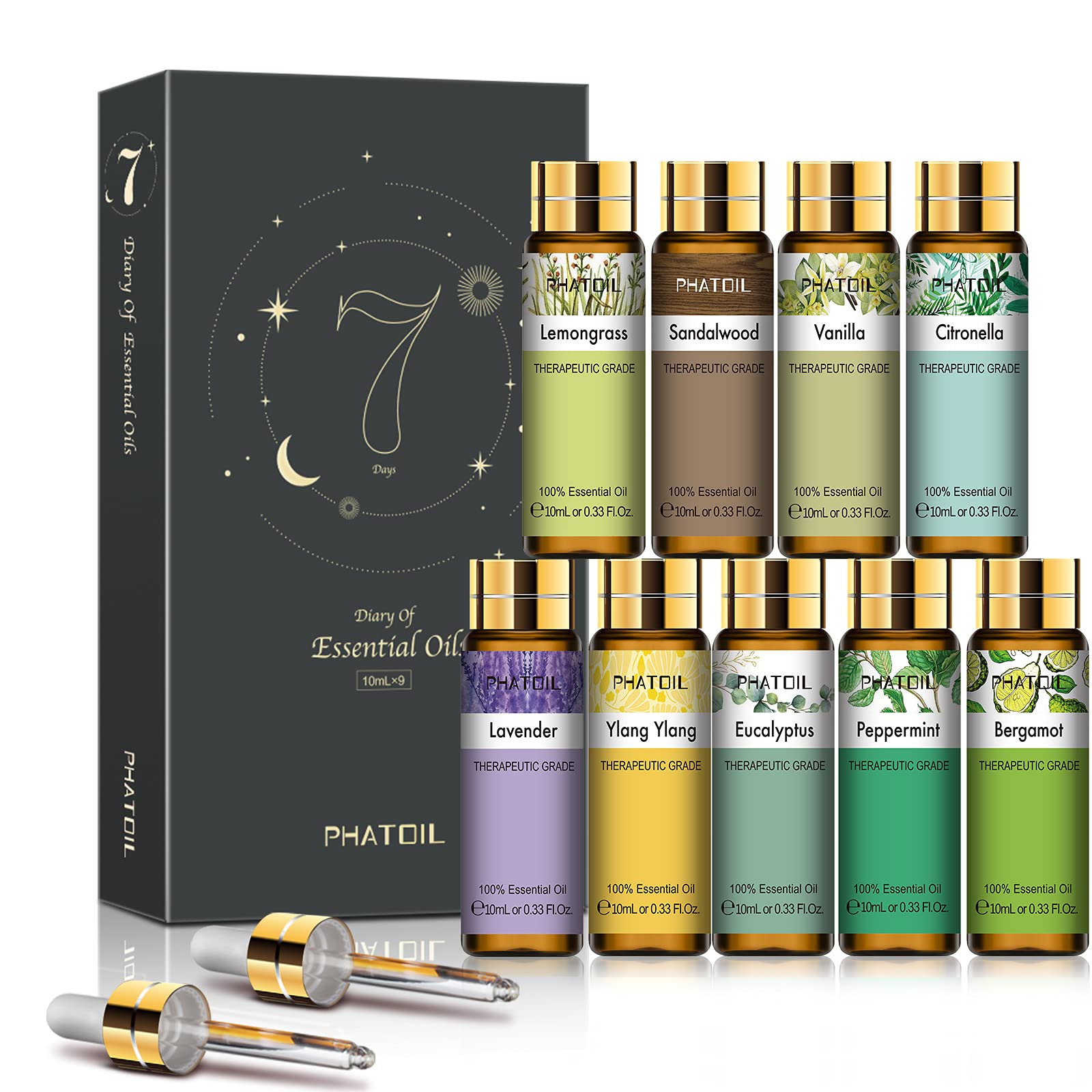 PHATOIL 9PCS Essential Oils Gift Set, 10ml/0.33fl.oz Scented Oils for Soap,  Candle Making, Premium Quality Essential Oils for Diffuser, Humidifier,  Massage Bergamot 0.33 Fl Oz (Pack of 9)