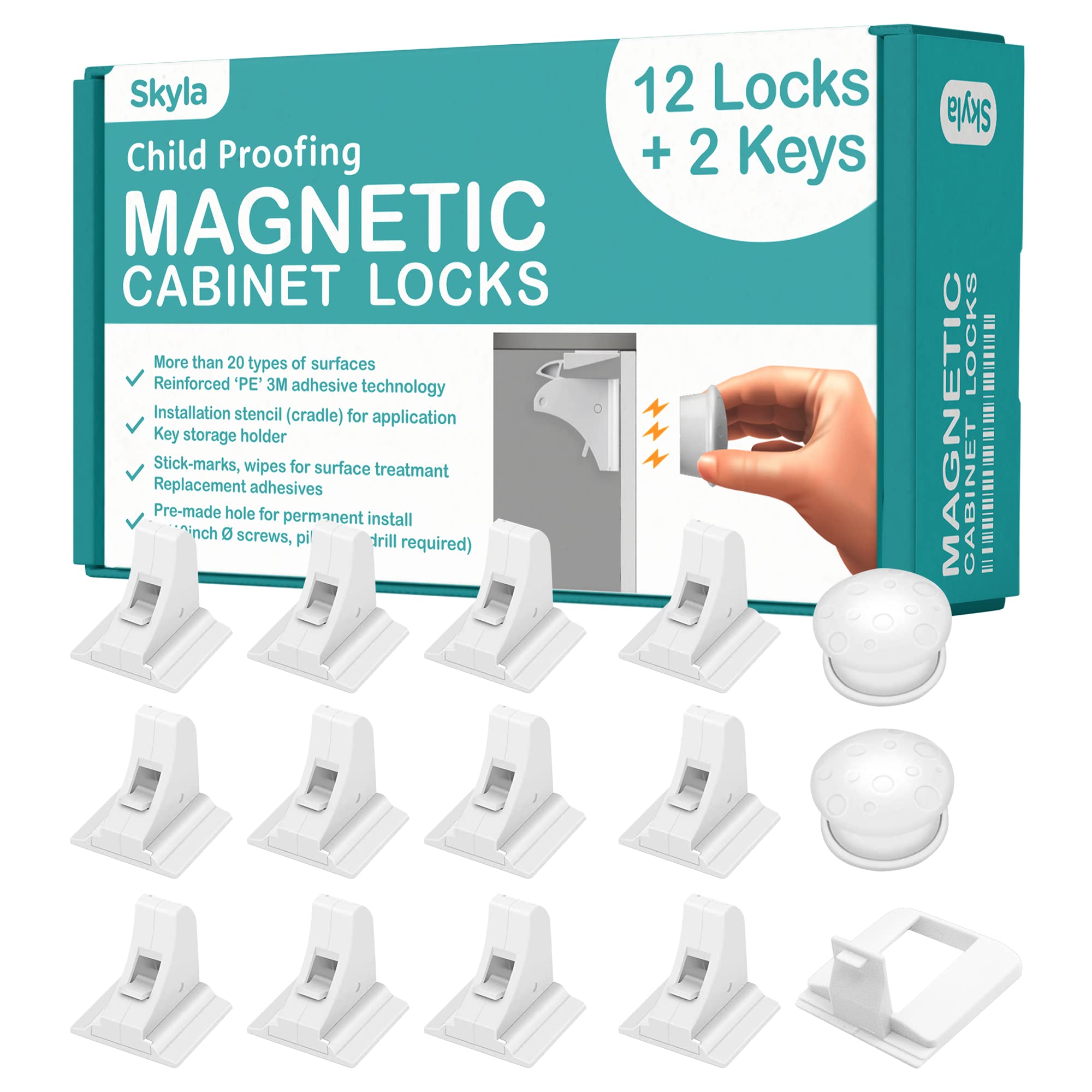 BABY TRUST Magnetic Cabinet Locks and Baby Proofing Cabinet (12 Locks) | 3M  Adhesive Child Proof Cabinet Locks | Child Safety Locks for Cabinets and