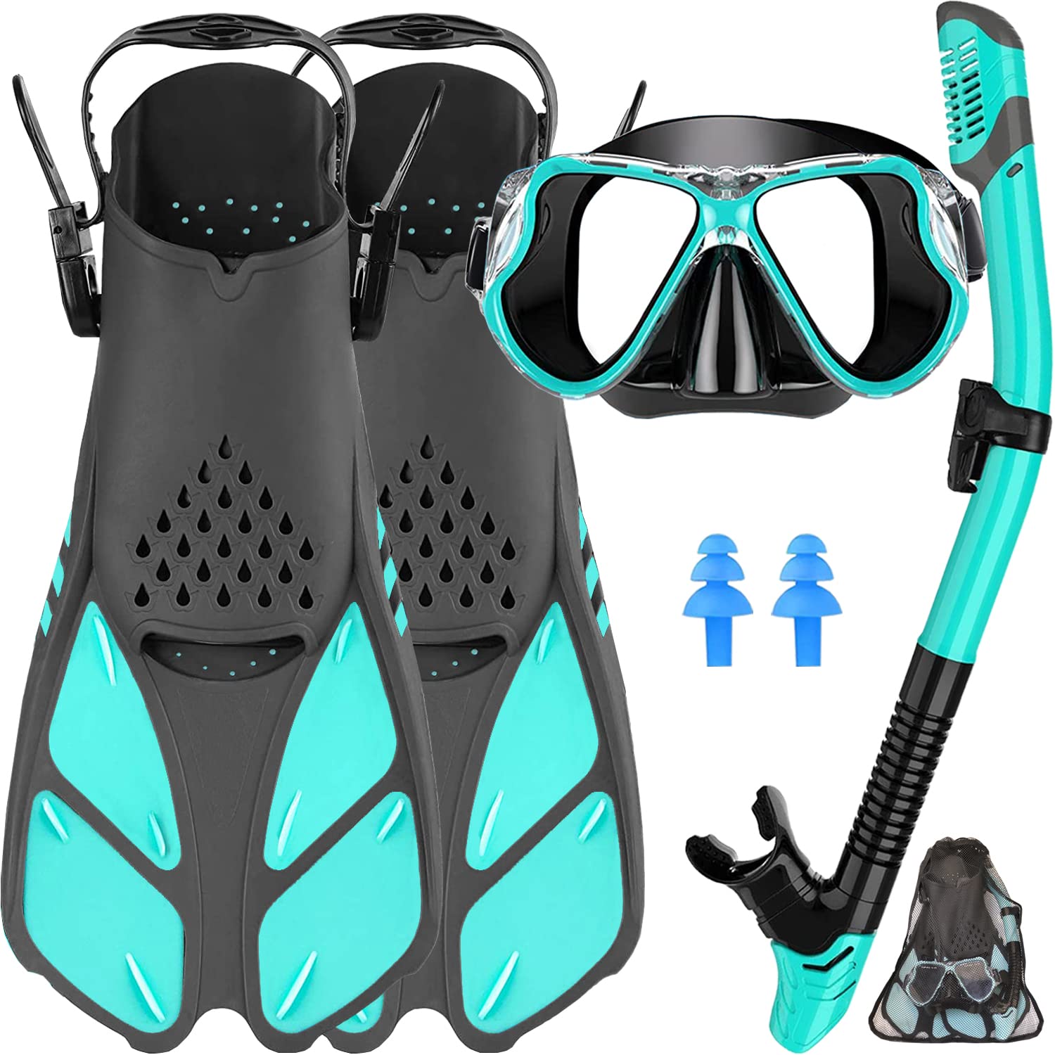 Createy Mask Fin Snorkel Set with Adult Snorkeling Gear, Panoramic View Diving  Mask, Trek Fin, Dry Top Snorkel +Travel Bags, Snorkel for Lap Swimming  Green S/M(Adult US Size 4.5-8.5)