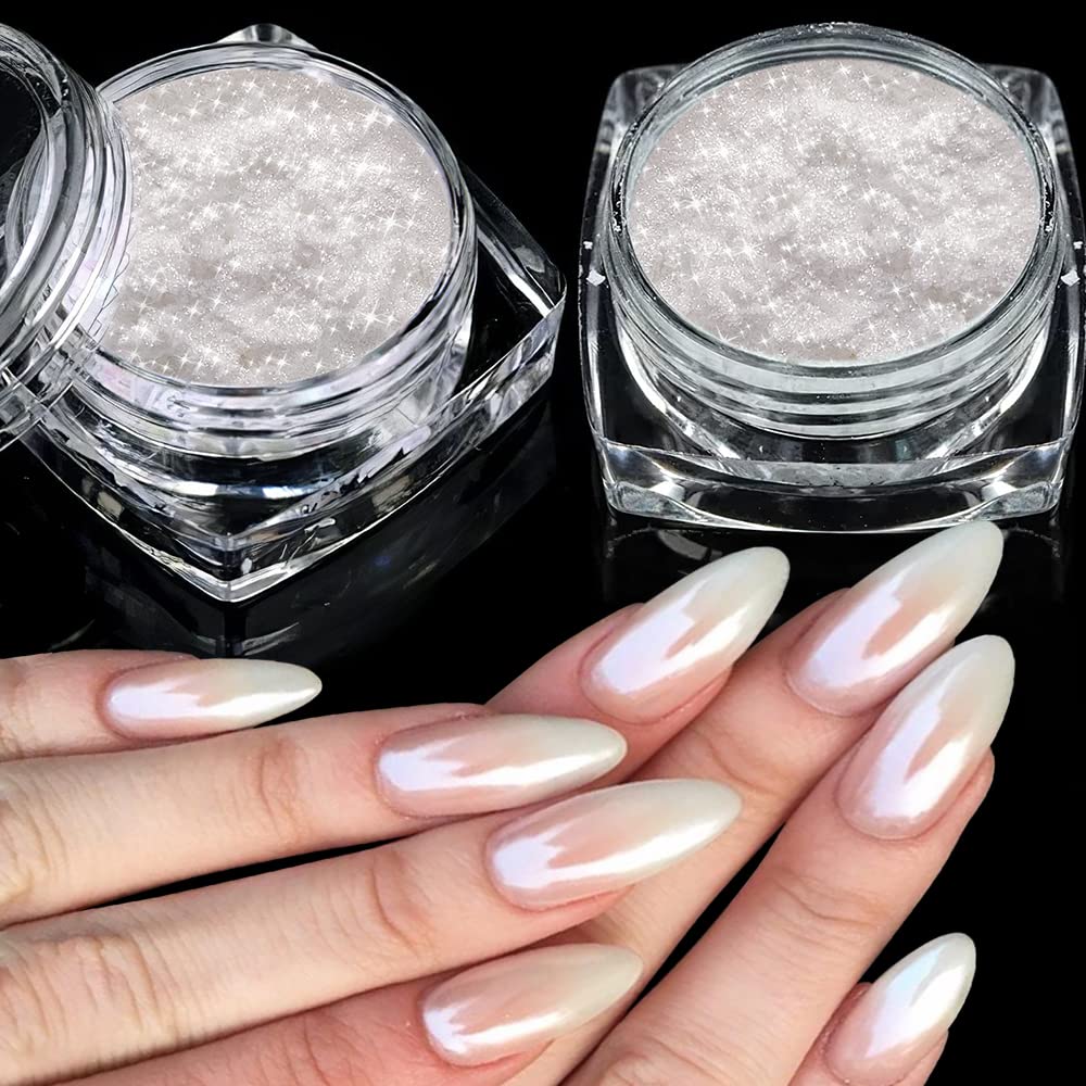 2 Boxes White Pearl Chrome Nail Powder - Transparent Clear Ice Shimmer  Chrome Pigment Powder for Nails Glazed Donut Inspired Nails Mirror Effect  Glitters Nail Art Powder for DIY Salon