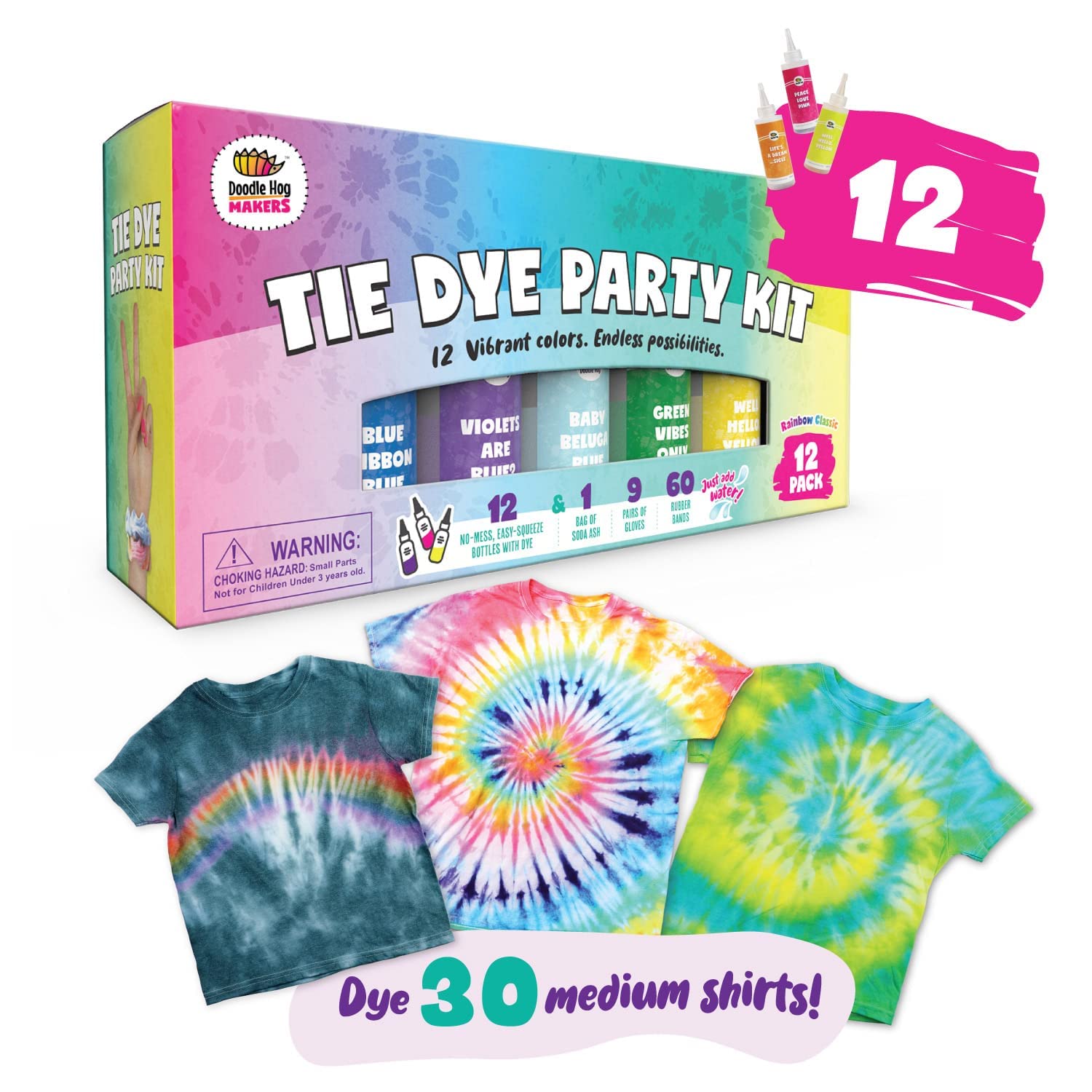 Tie Dye Kit for Kids & Adults - 12 Large Tye Dye Bottles with Tie