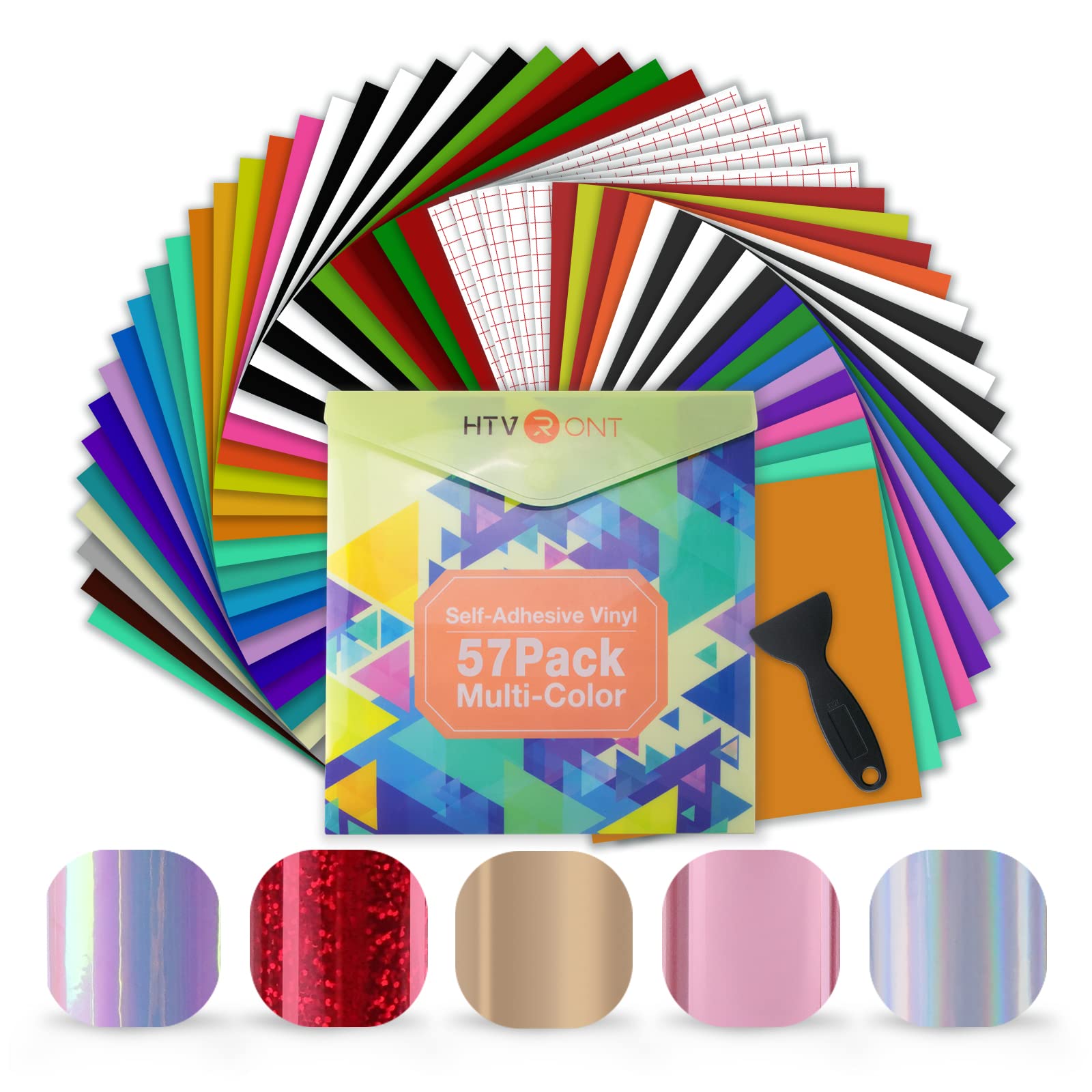 HTVRONT Permanent Vinyl for Cricut Machine-57 Pack 12 x 12 Permanent Vinyl  Bundle 52 Adhesive Vinyl Sheets & 5 Transfer Tape for Vinyl Permanent  Multicolored