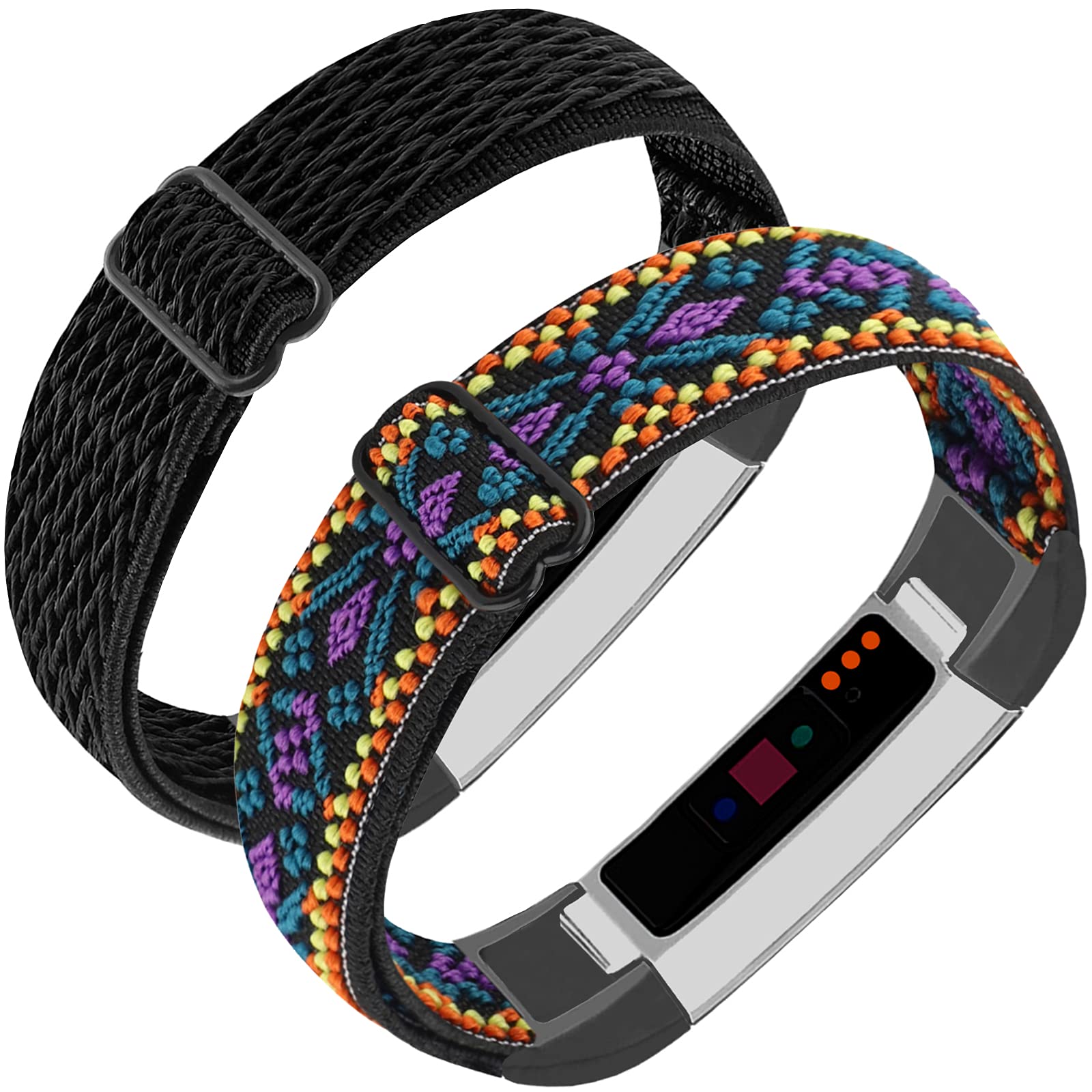 Adjustable Elastic Nylon Bands Compatible with Fitbit Alta and Alta HR  Fitness Tracker, 2 Pack Braided Stretchy Wristband Accessory Bracelet Watch  Strap Sport Replacement Band for Women Men Ethnic Style / Wavy Black