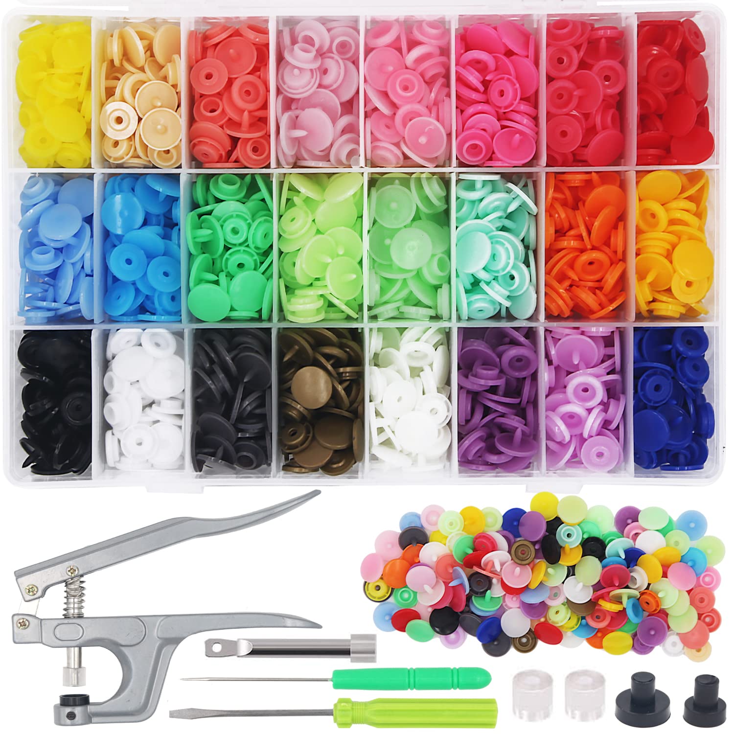 Renashed 300sets T5 Sewing Snaps Fasteners Kit with Press Pliers Tool, Plastic Metal No-Sew Snap Buttons Rainbow Colors for Clothes, Wallets, Bibs, Rain Coat
