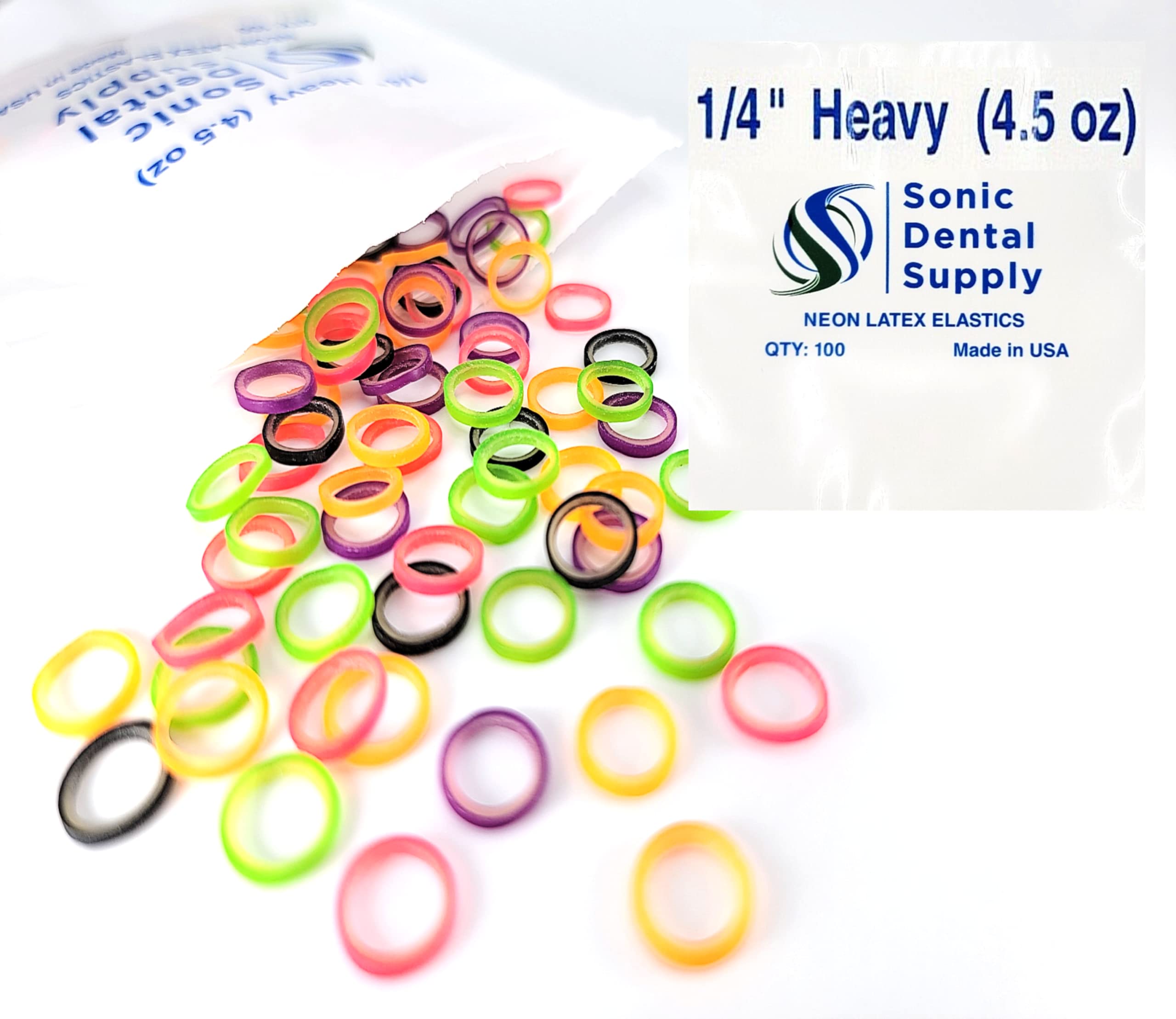 1/4 Inch Orthodontic Elastic Rubber Bands - 100 Bands - Neon Latex Heavy  4.5 Ounce Small Rubberbands Braces Dreadlocks Hair Braids Tooth Gap  Packaging Crafts - Sonic Dental - Made in USA