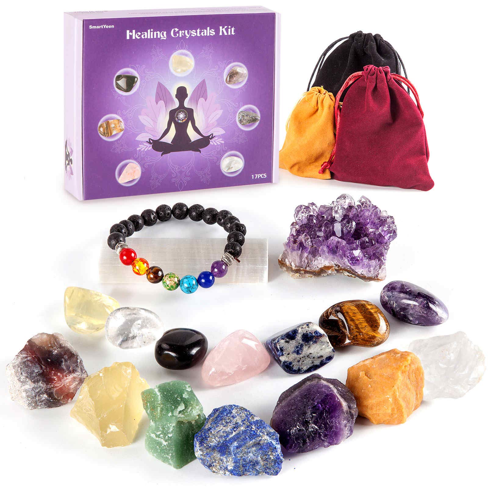 SmartYeen Healing Crystals Set,17PCS Crystal Healing Stones Kit Include 7  Raw Chakra Stones,7 Tumbled