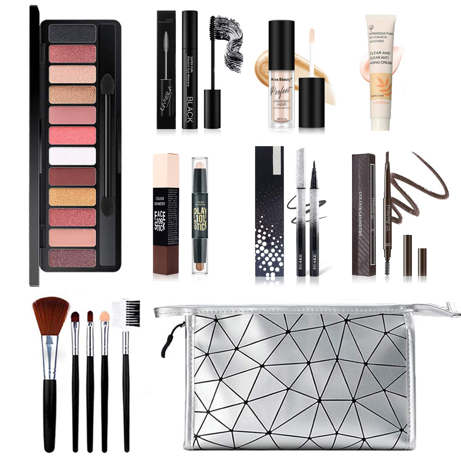 All in One Makeup Kit, 12 Eyeshadow Palette, 5PCS Brush Eyebrow Pencil, &