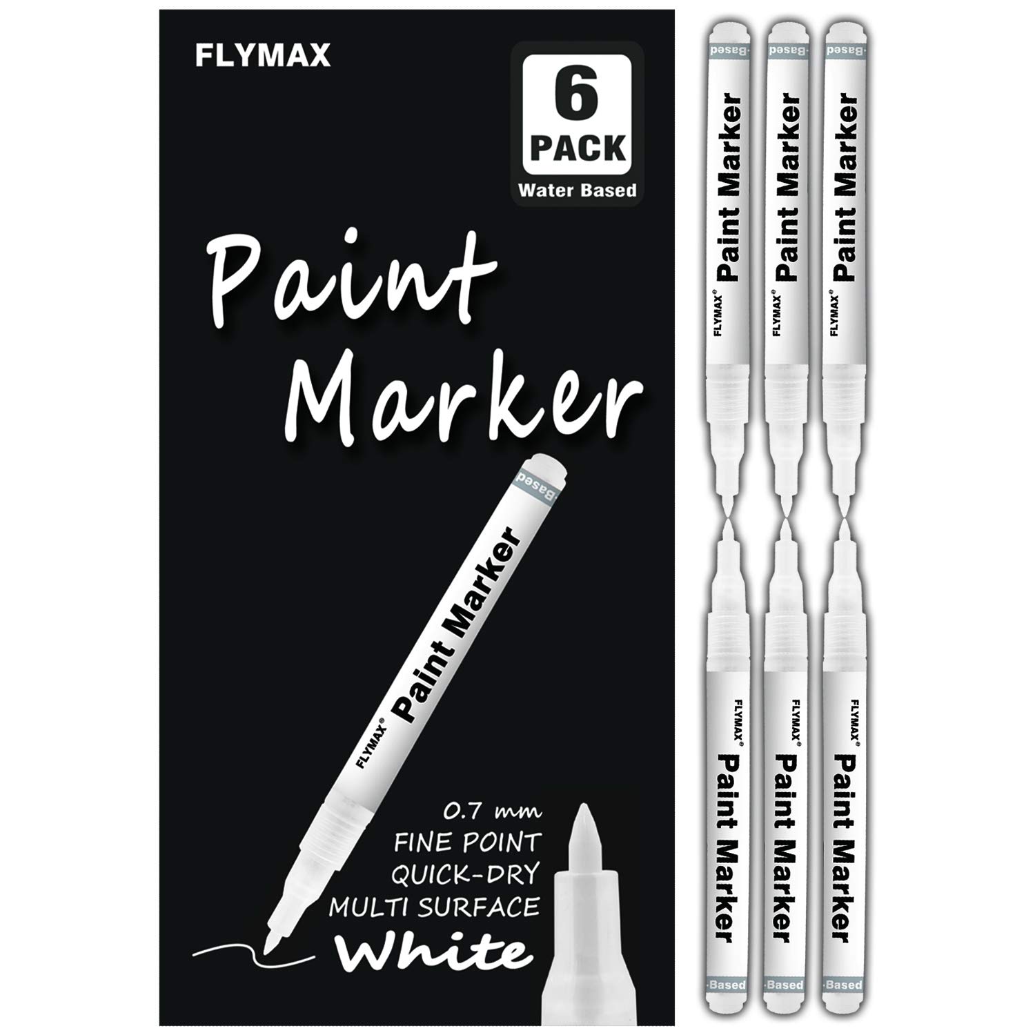FLYMAX White Paint Pen 6 Pack 0.7mm Acrylic White Permanent Marker