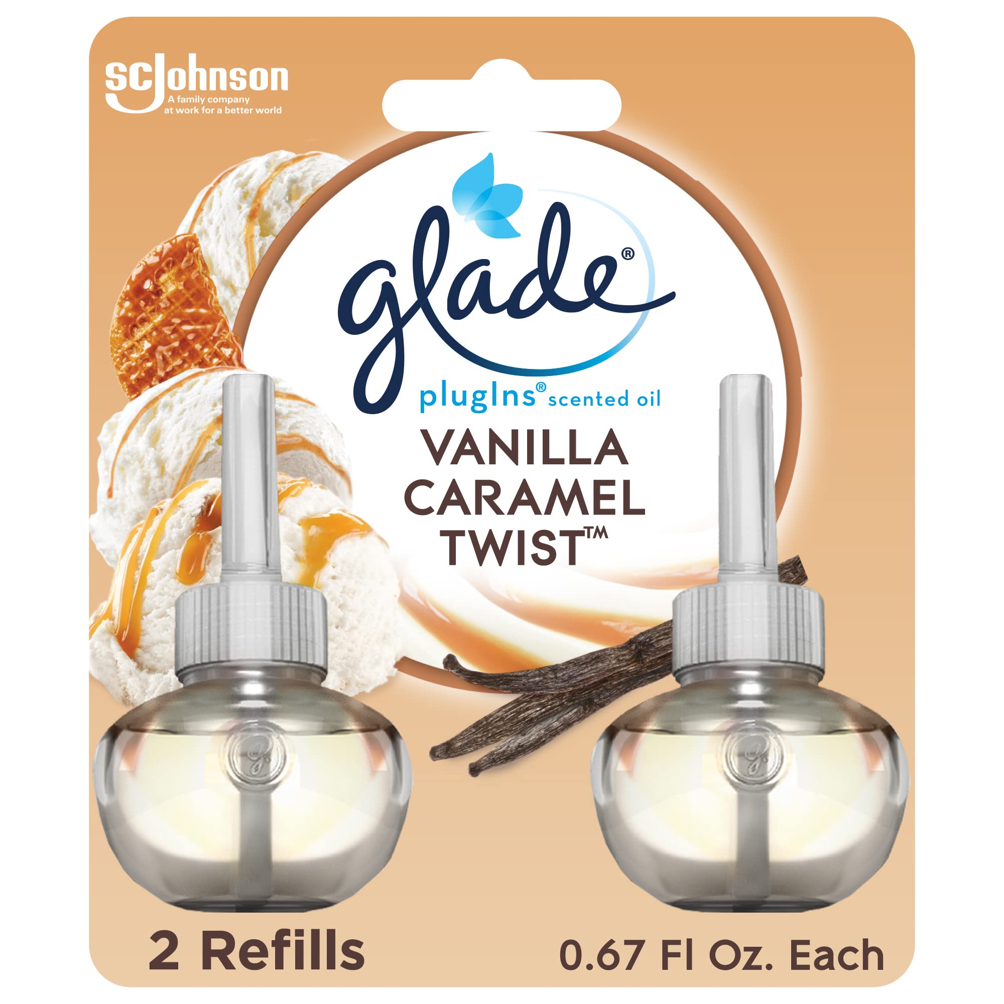 Glade PlugIns Refills Air Freshener, Scented and Essential Oils for Home  and Bathroom, Vanilla Caramel Twist, 1.34 Fl Oz, 2 Count