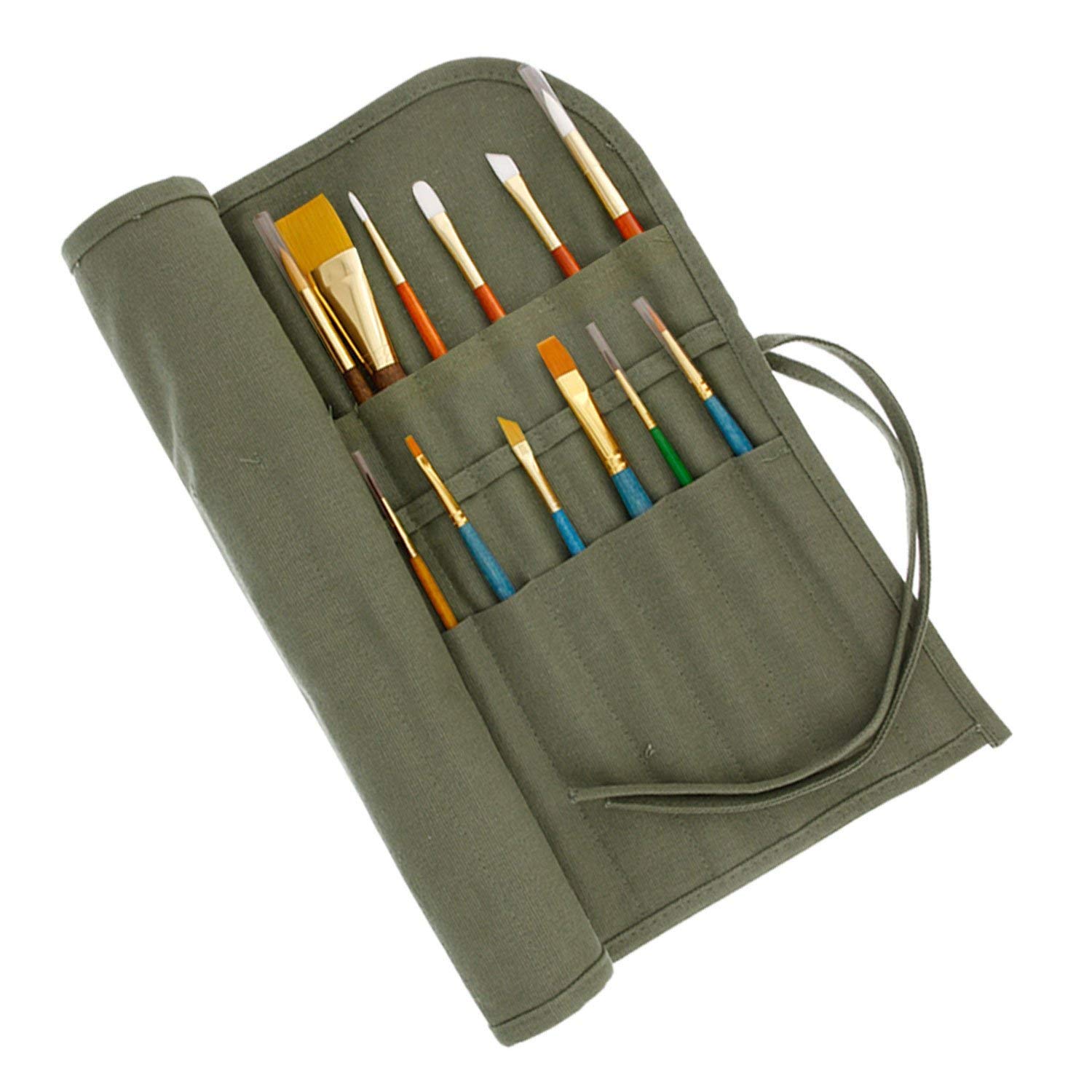U.S. Art Supply Deluxe Canvas Art Paint Brush Holder & Storage Organizer  Roll-Up Case Bag - 24 Slot Pockets Carry Pouch - Protect Artist Acrylic Oil  Watercolor Paintbrushes - Store Pencils Pens Tools