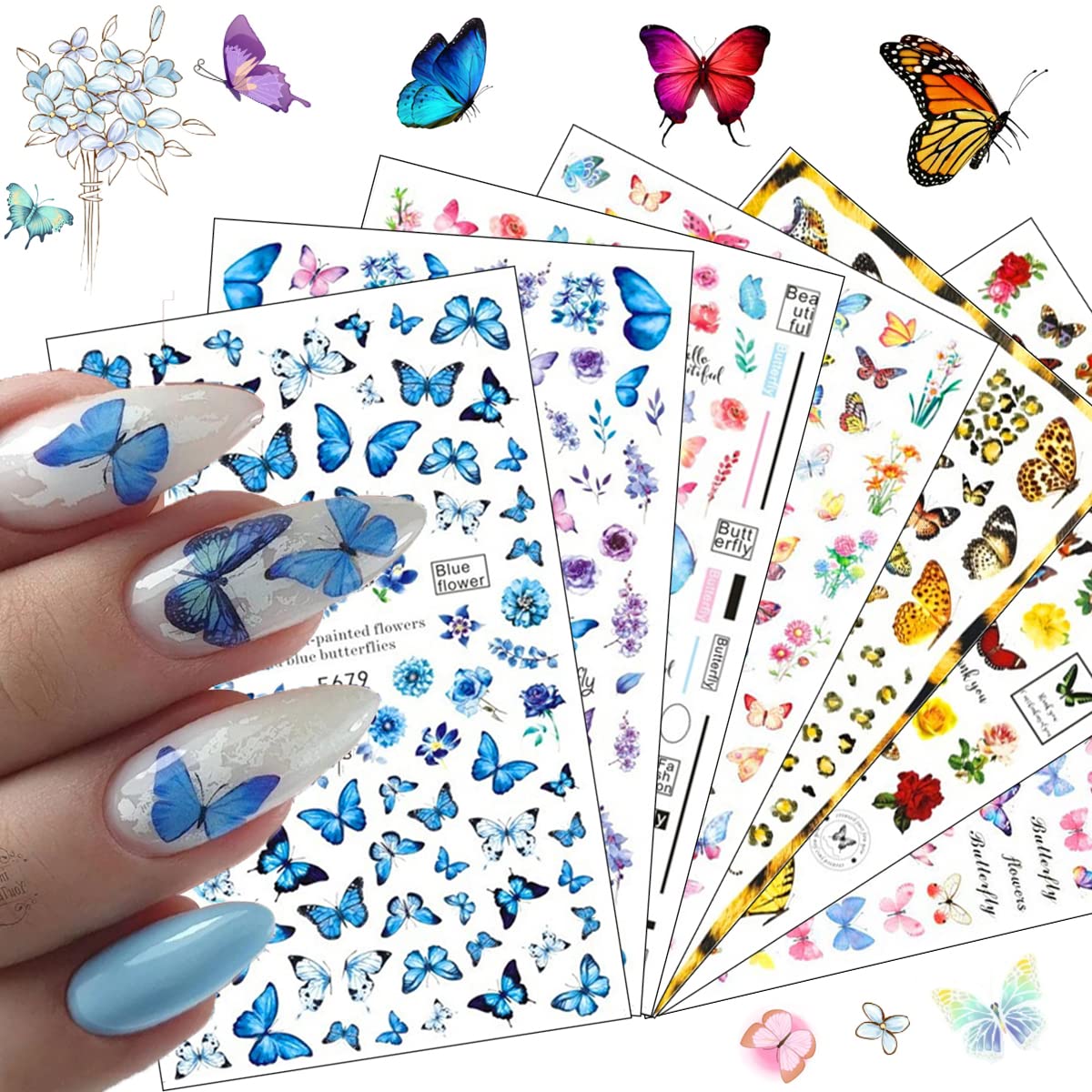 Butterfly Nail Art Stickers , 3D Self-Adhesive Nail Decals Colorful  Butterflies Spring Flowers Nail Designs for Acrylic Nails Supplies Manicure  Decorations 8 Sheets H Butterfly