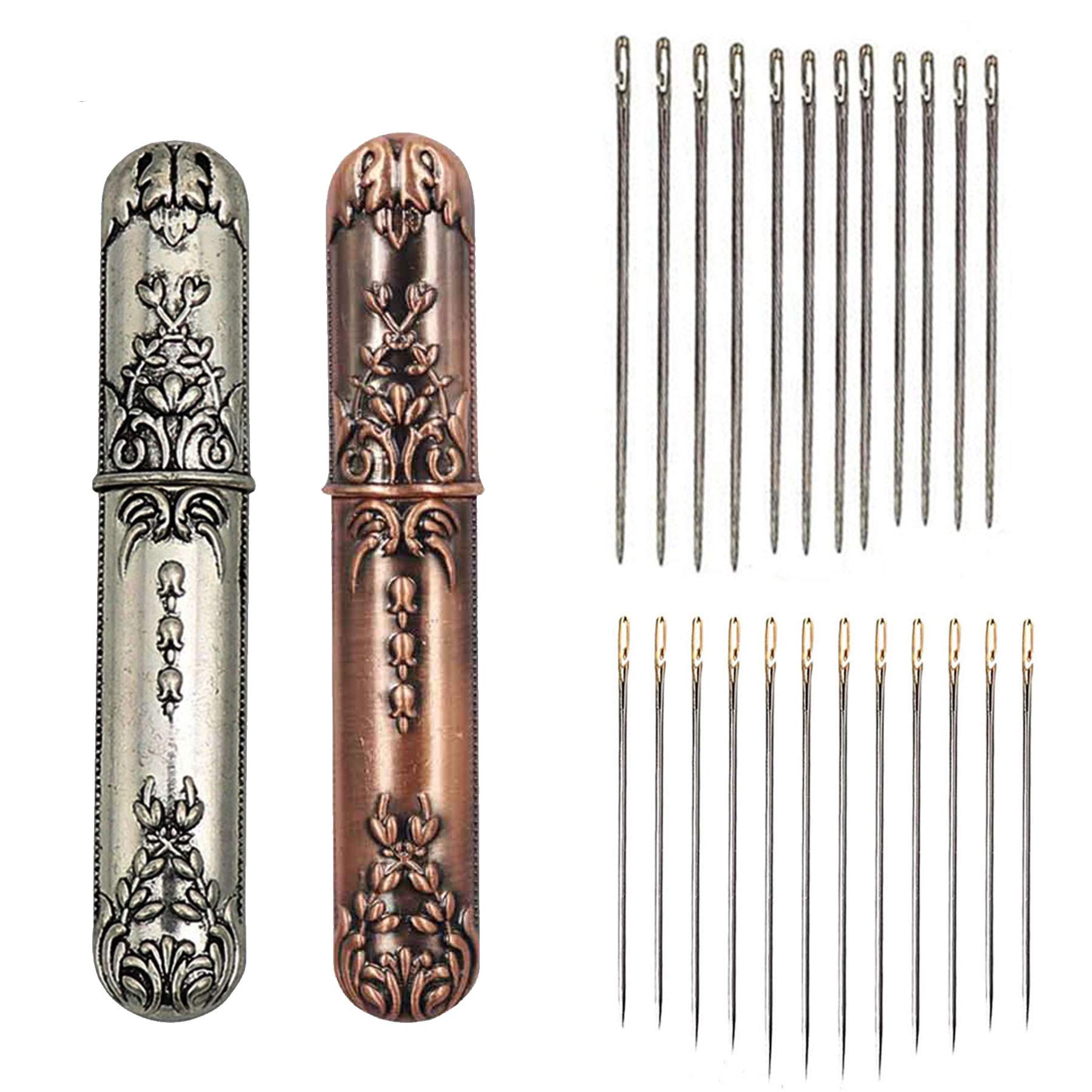 2 Pieces Vintage Needle Case Convenient Needle Storage Sewing Supplies with  24 Pcs Self-Threading Needles for Storing Handmade Sewing Embroidery Needle  Accessories COPPER + SILVER MEDIUM