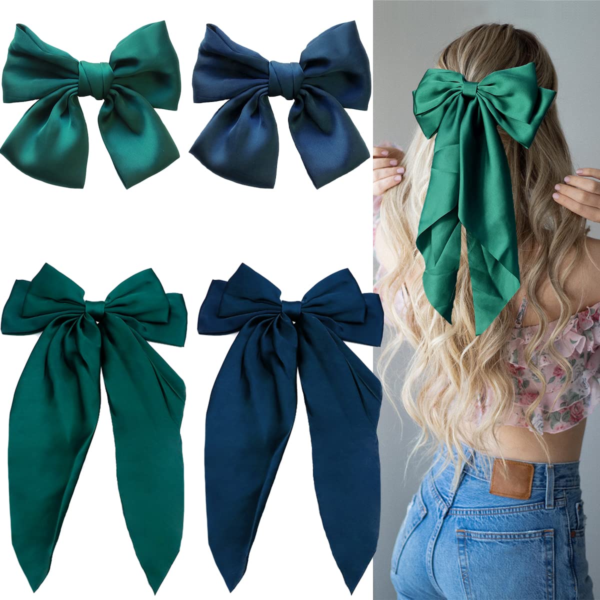 Large Silky Hair Bows Women Girls Ribbon Long Hair Barrettes