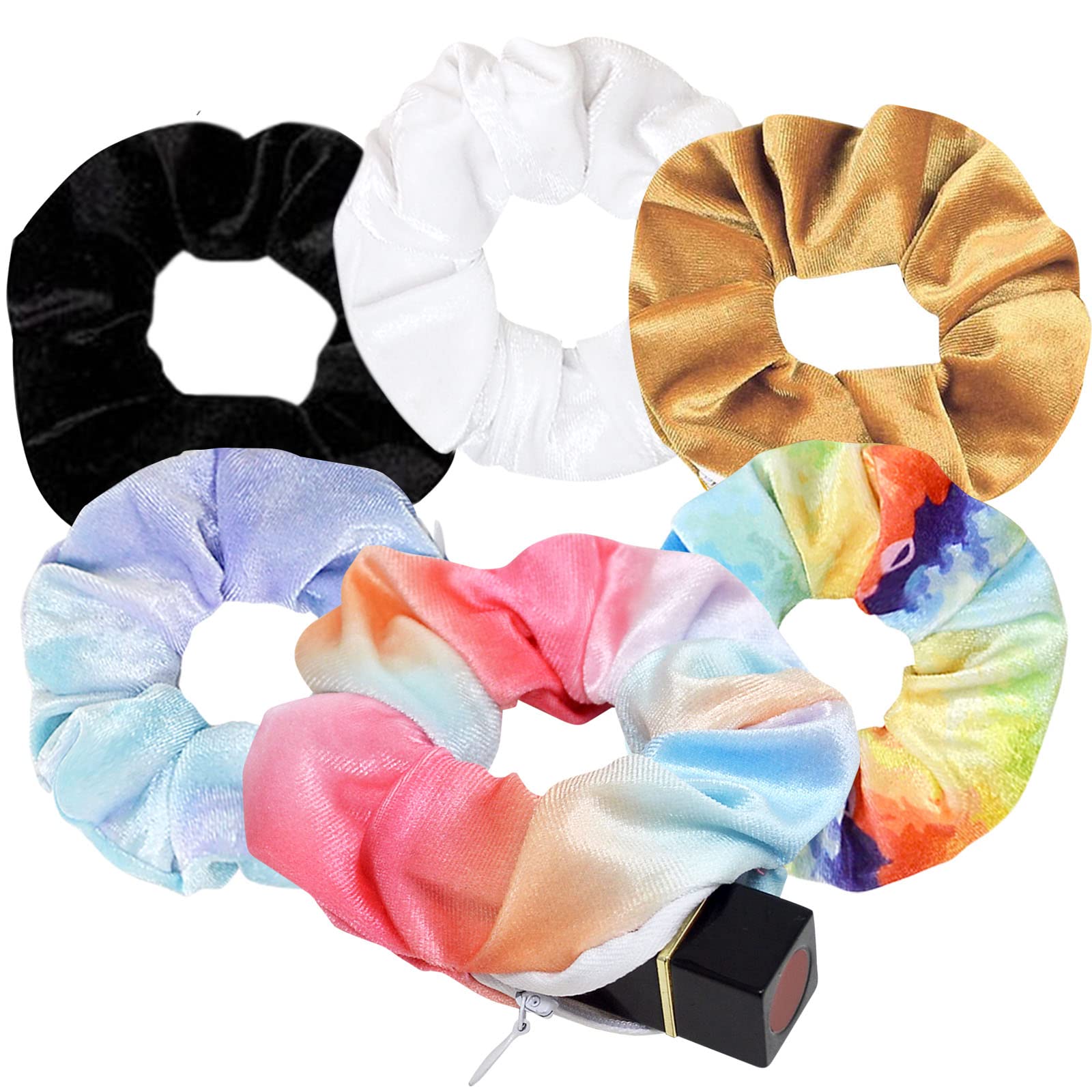 Velvet Pocket Scrunchie with Hidden Zipper - 6Pack Stash Scrunchy Hair Ties  for Vsco Girls Women Hair Accessories (6PACK-B) 6PACK-Hidden Zipper