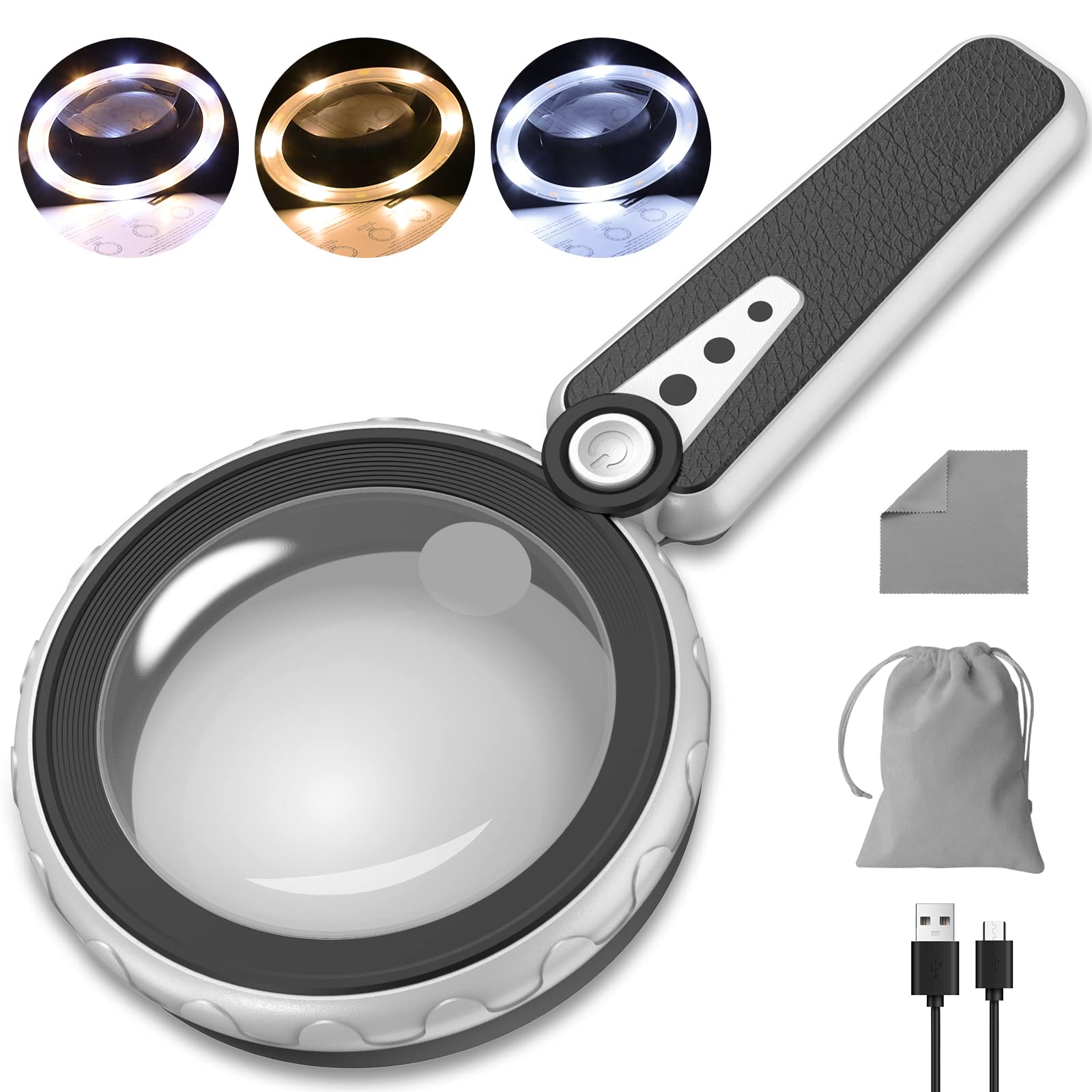 6X 10X Magnifying Glass with Light-12 LED Handheld Illuminated