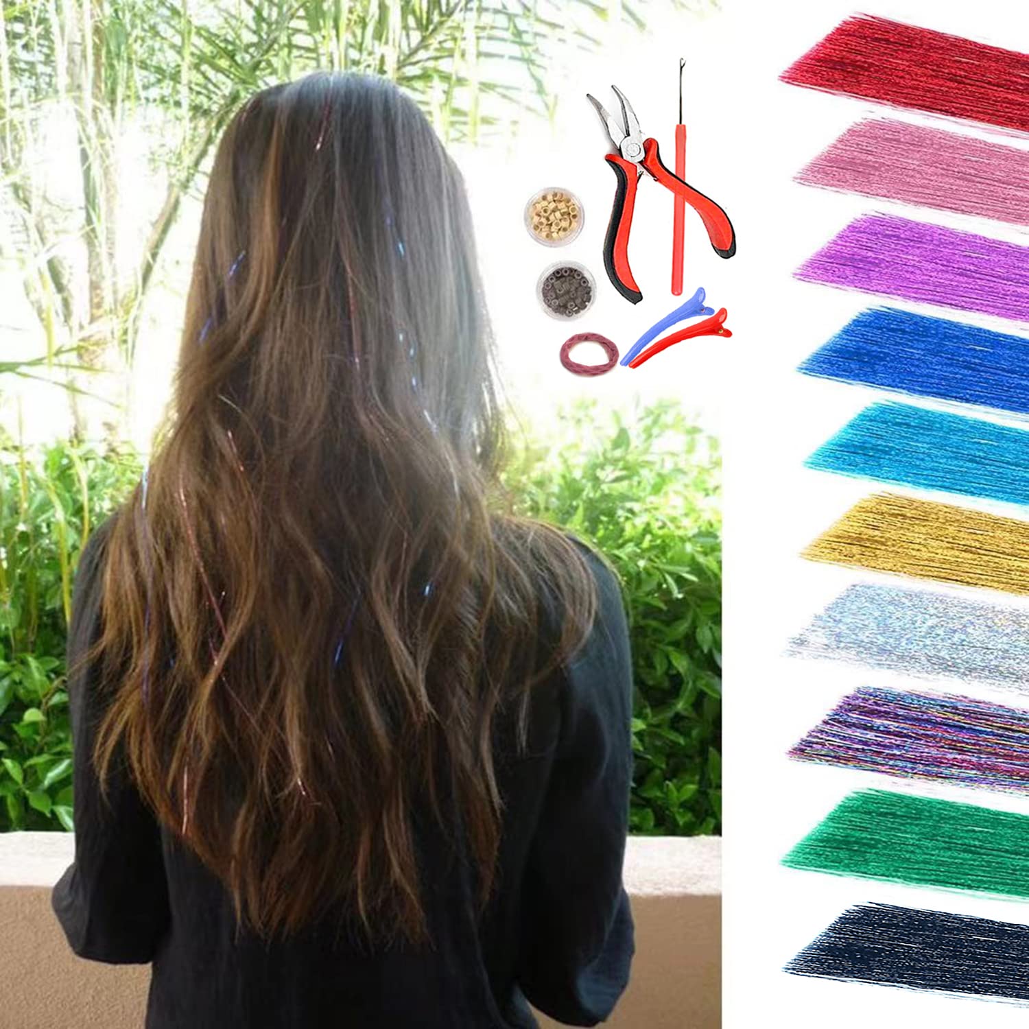 Hair Tinsel Kit, 10 Colors Tinsel Hair Extensions with Tools (a