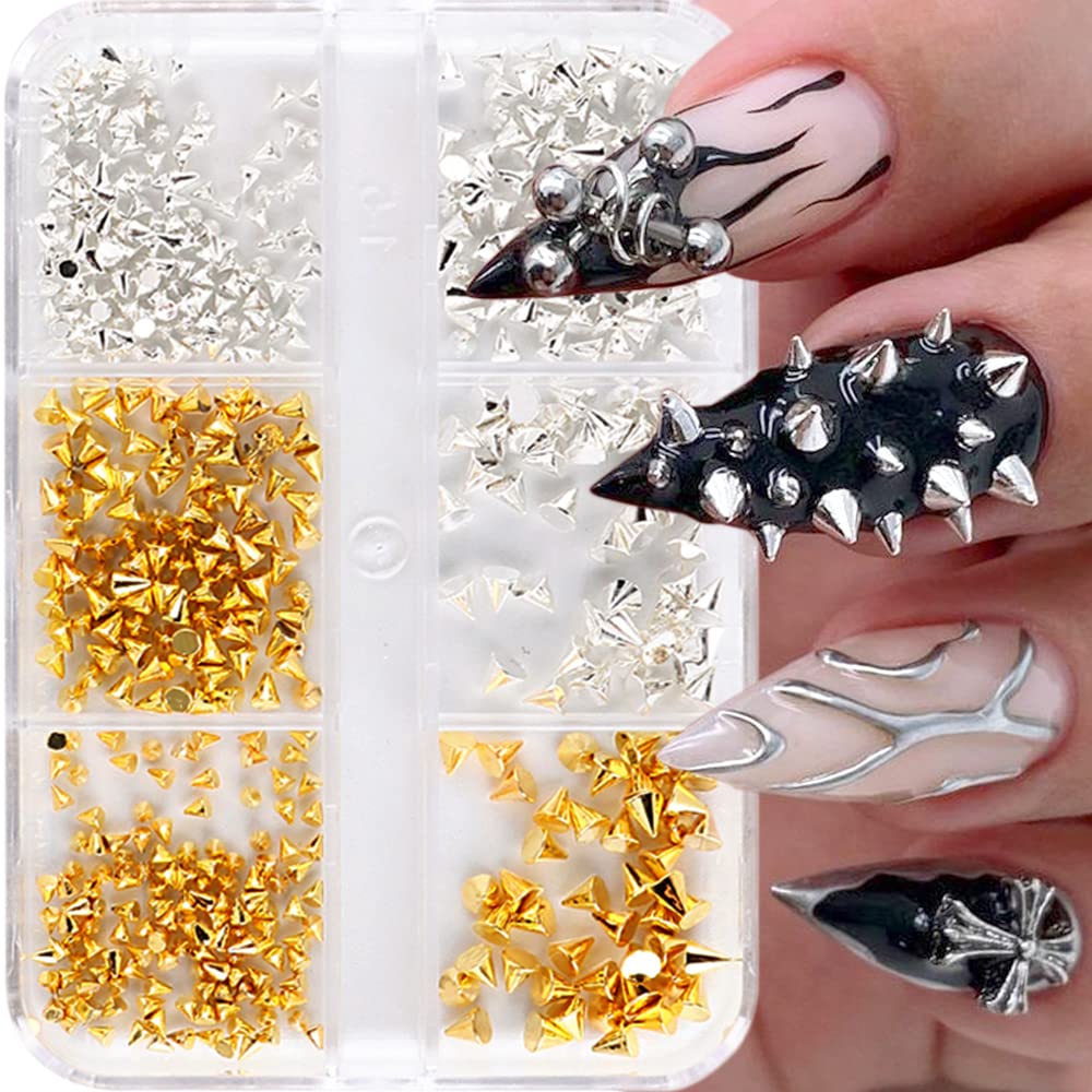 6 Grid/Box Mini Metal Rivet Punk Nail Charm Gold Silver Nail