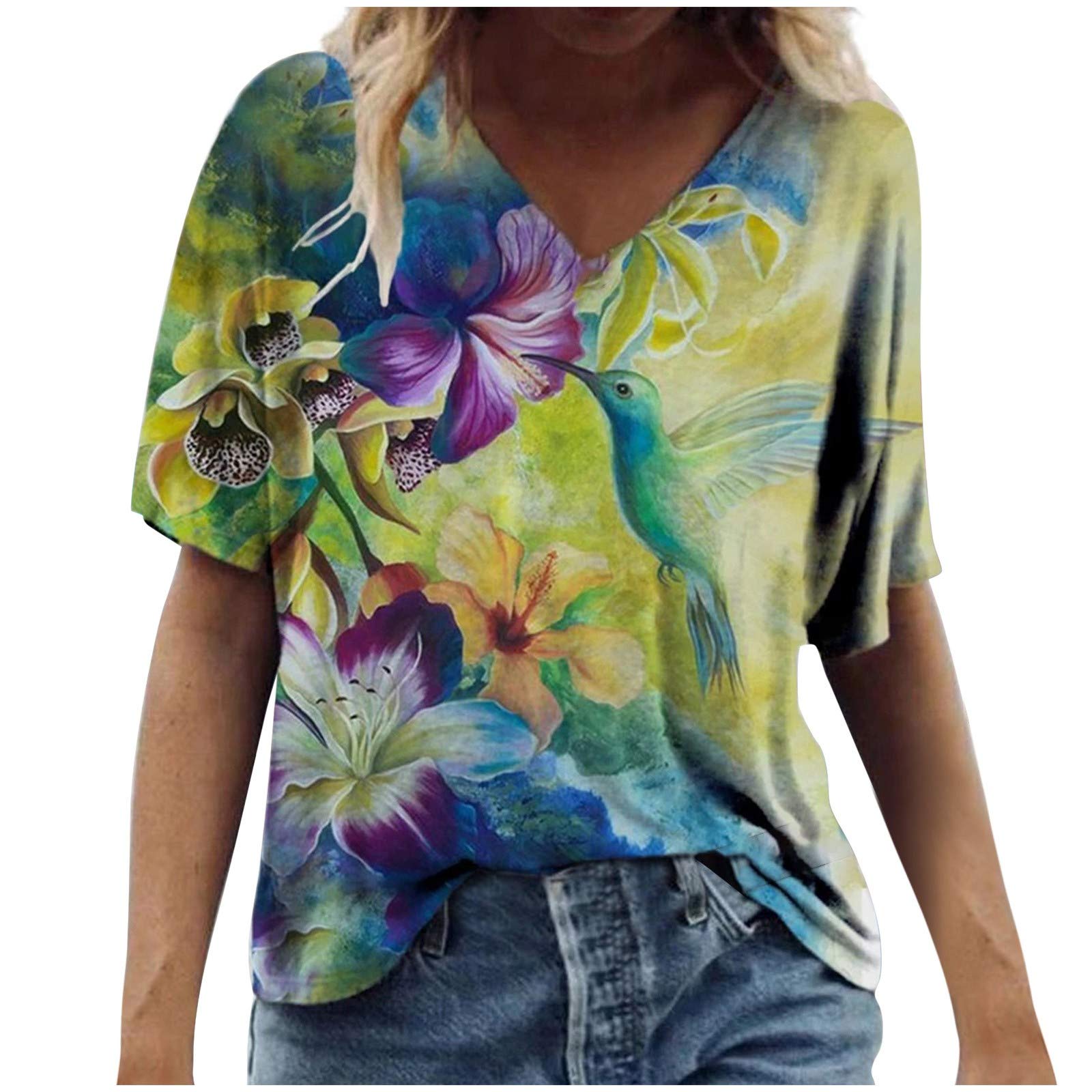 Womens Summer Tops Short Sleeve Plus Size Tops V Neck Casual Loose T Shirts  Floral Print