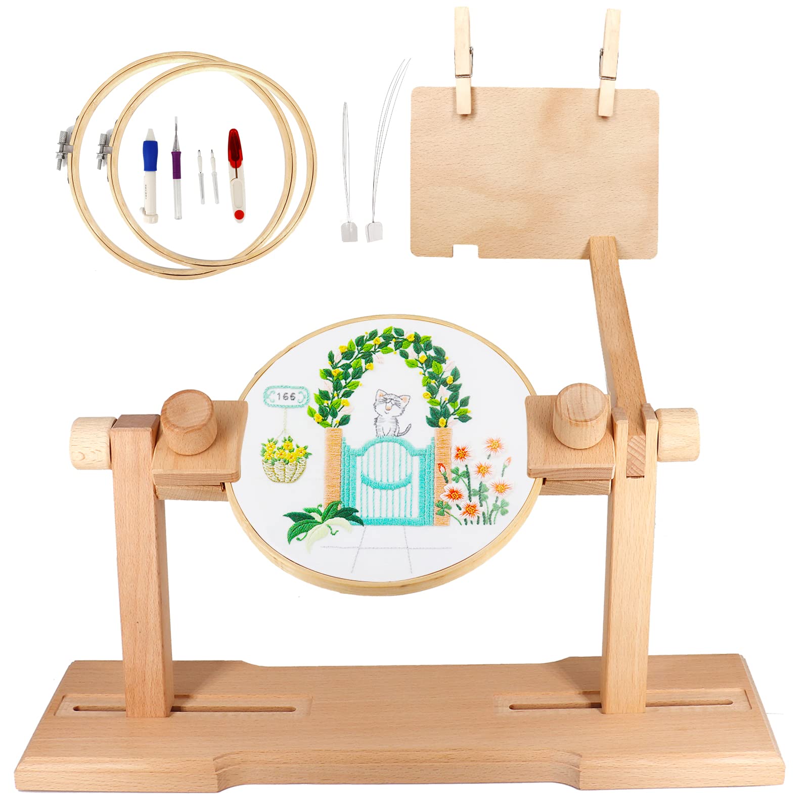 Hand Embroidery Kit with 8” Hoop, Stand, and 24 Assorted Color Threads,  Beginner Sewing and Needlepoint Bundle with Accessories, Hands-Free  Adjustable