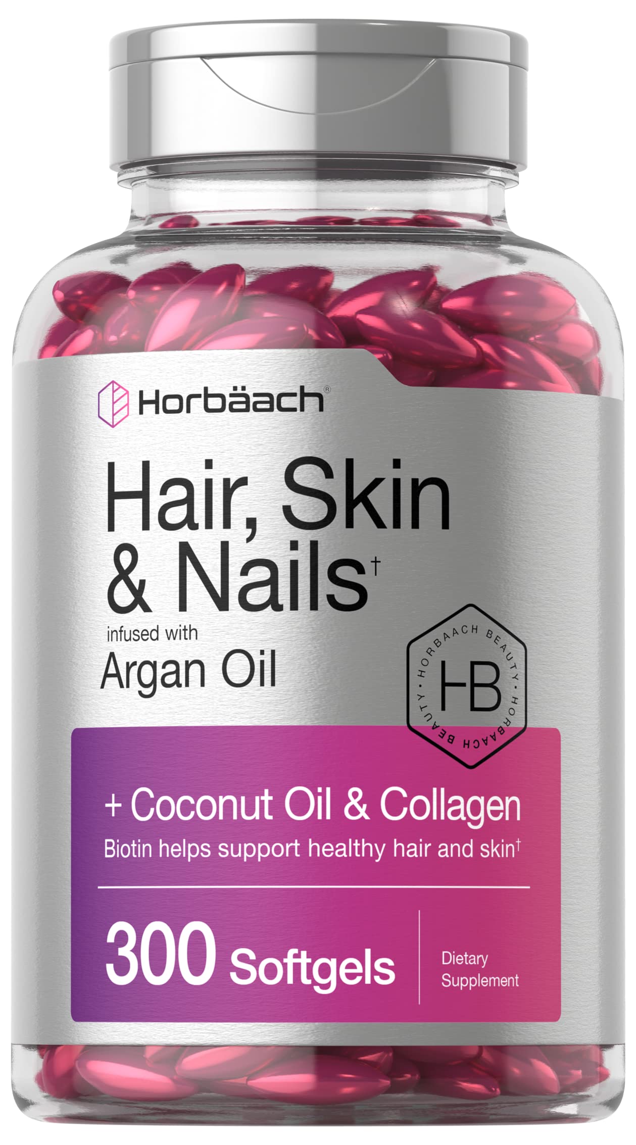 Hair Skin and Nails Vitamins | 300 Softgels | with Biotin and Collagen |  Infused with Argan Oil and Coconut Oil | Non-GMO, Gluten Free Supplement |  by Horbaach