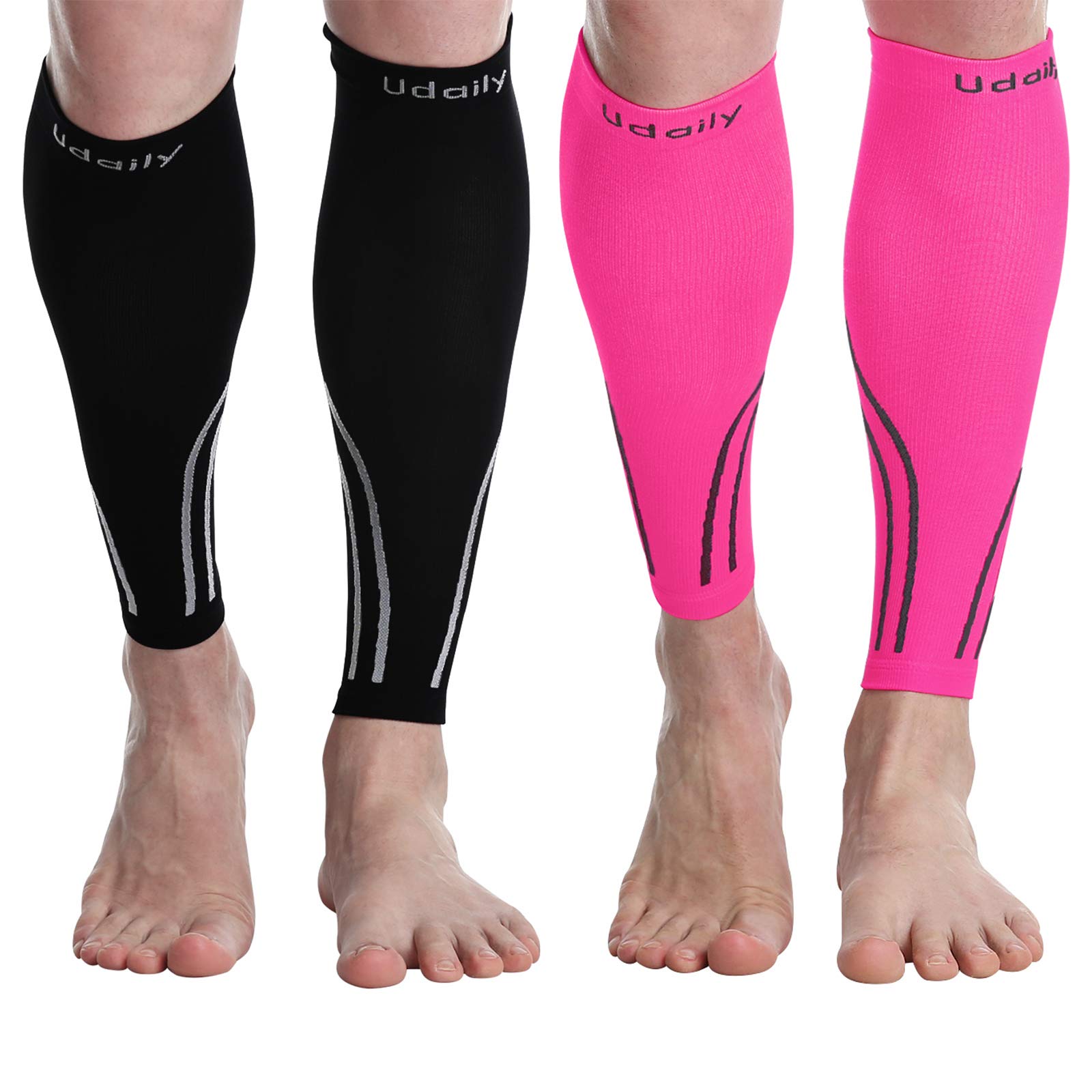 Udaily Calf Compression Sleeves for Men & Women (20-30mmhg) - Calf Support  Leg Compression Socks for Shin Splint & Calf Pain Relief M(Calf 12.5-15)  2 Pairs (Black,pink)
