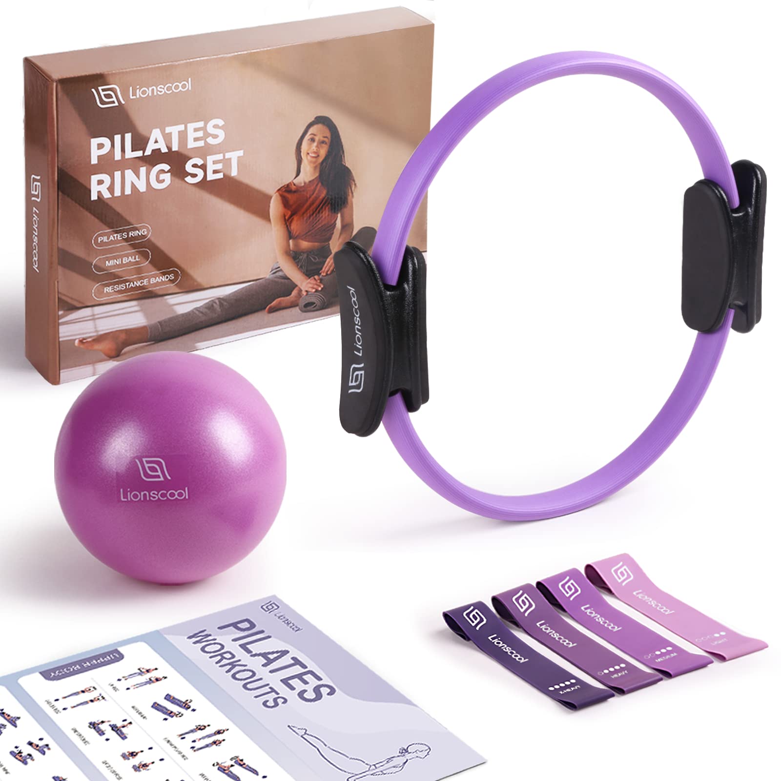 LIONSCOOL PILATES RING SET - Premium Anti-Deformation 14Magic Circle with  Dual Padded Handles - Includes Burst Resistant Pilates Mini Ball & Highly  Elastic Resistance Bands - Free Workout Guide & Bag Purple