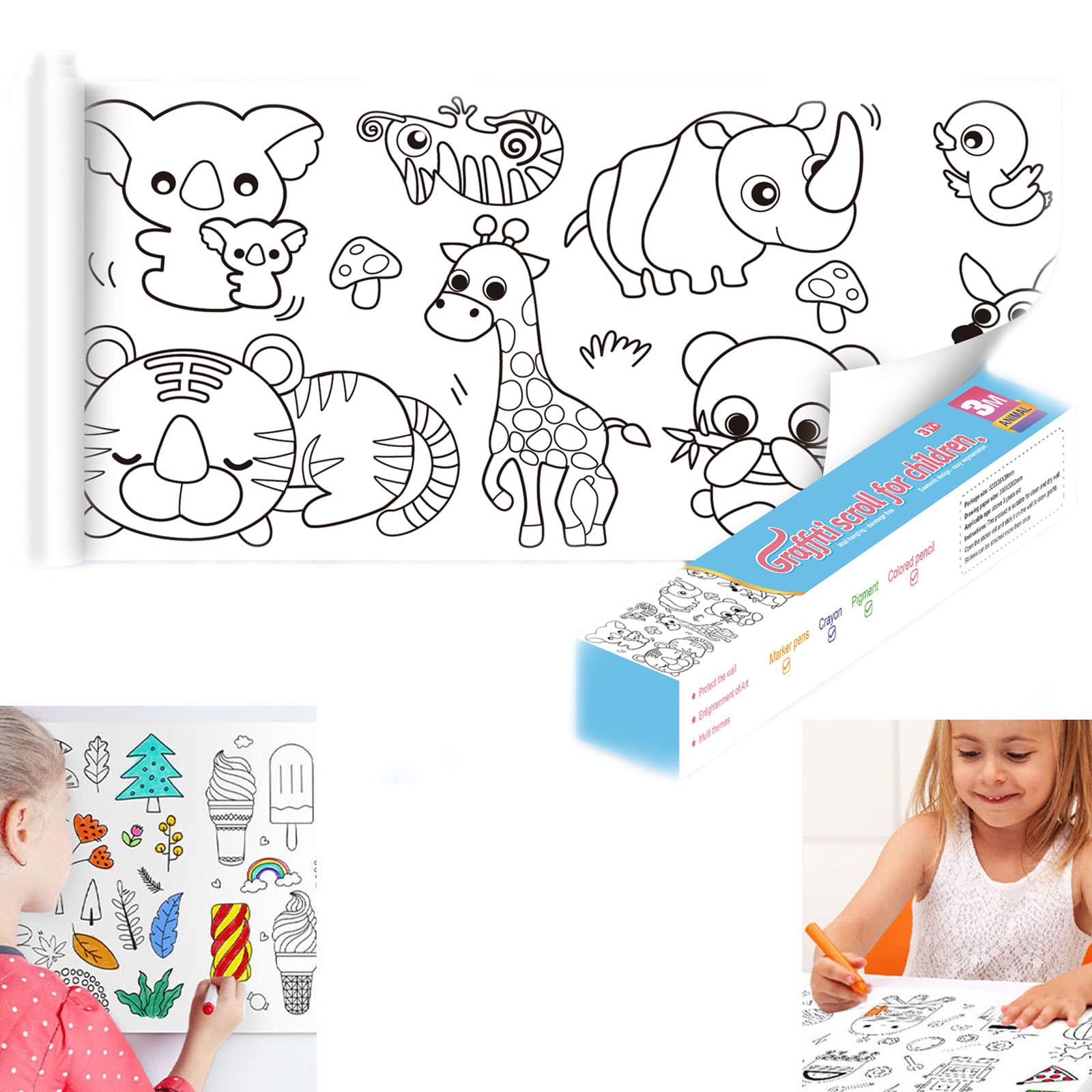 Children's Drawing Roll, Coloring Paper Roll for Kids, Drawing Paper Roll  DIY Painting Drawing Paper,Color Filling Paper, Sticky Drawing Paper  Roll,Wall Coloring Stickers (Animal) The Animal World