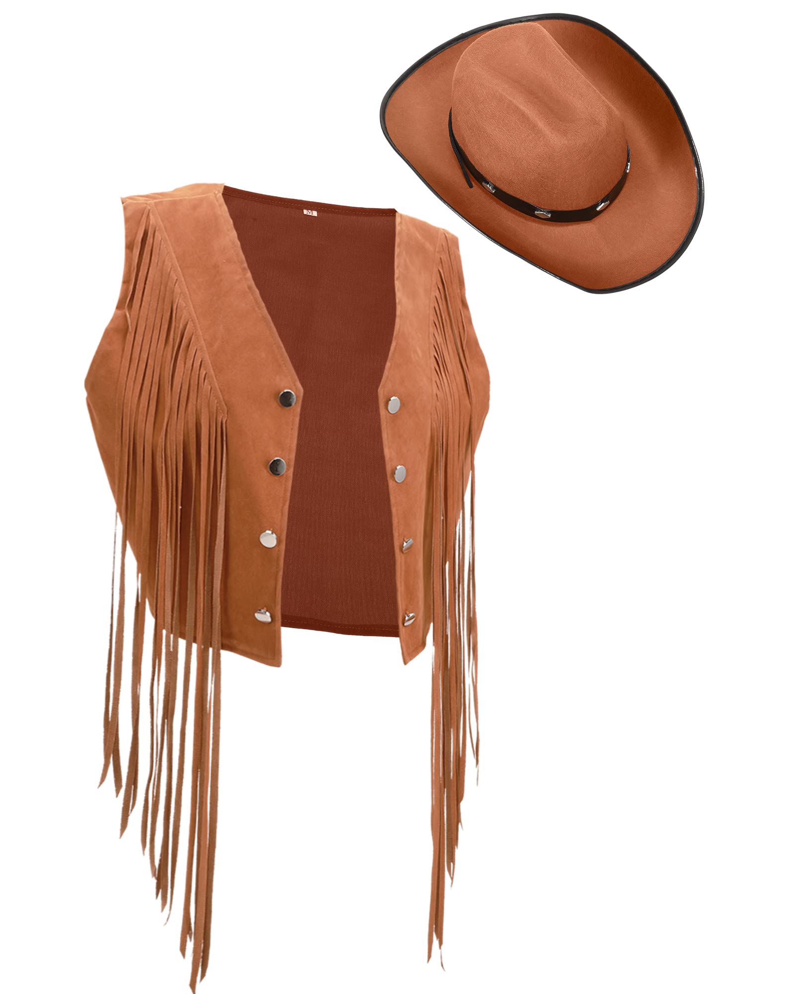 Yaomiao 70s Hippie Womens Fringe Vest Western Felt Cowgirl Hat Cowgirl  Costume Rivets Sleeveless Faux Suede