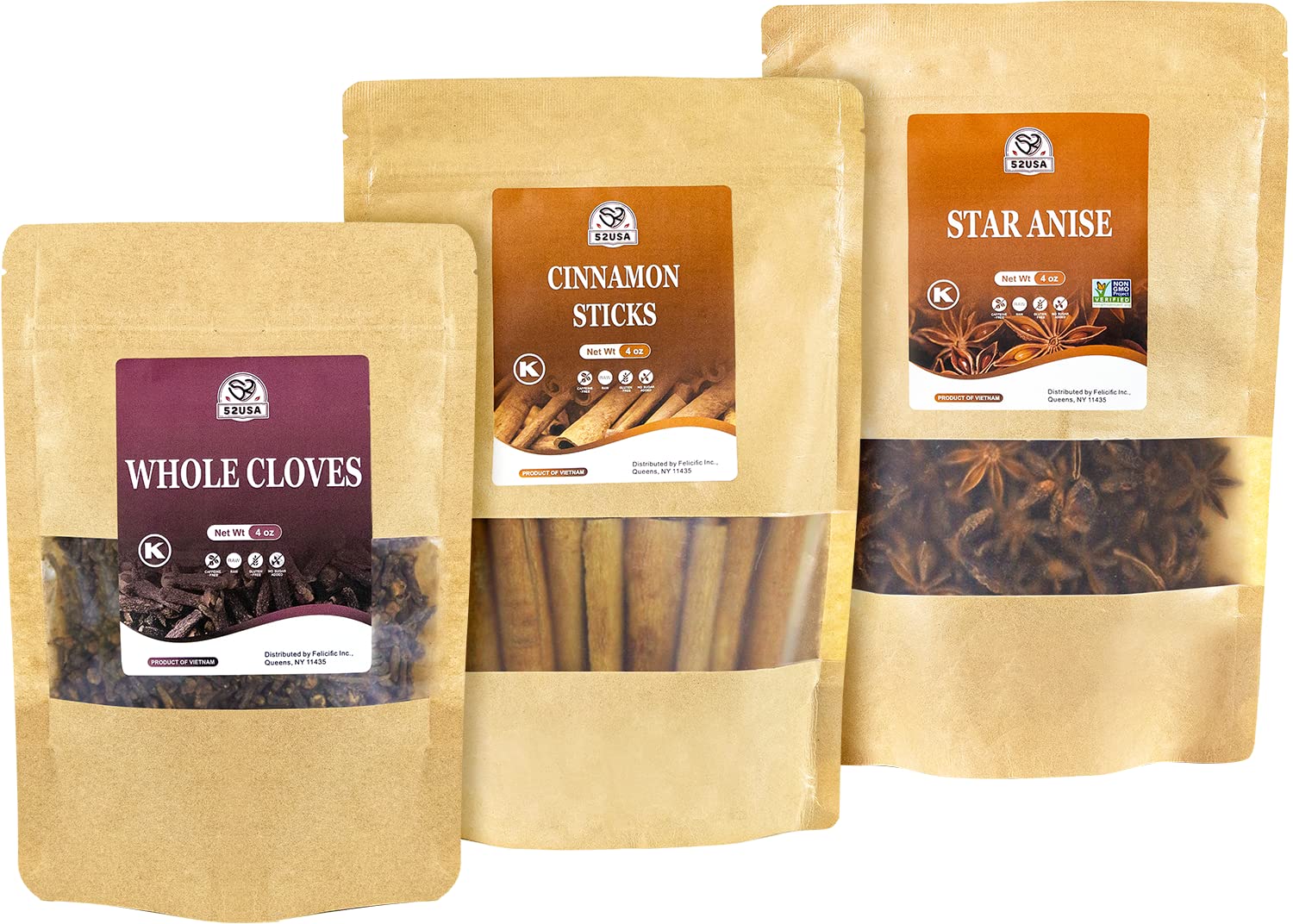 52USA Cinnamon Sticks Bulk + Star Anise Whole + Whole Cloves Bulk, 4oz  Each, All Natural