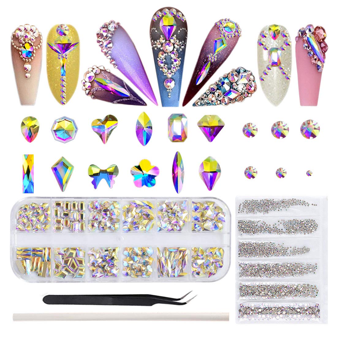 180+1728 Pcs Nail Rhinestones, AB Crystal Rhinestones for Nails, Flatback  Crystals with Mixed Shapes and Sizes for Nail Art, Clothes, Jewelry AB 180