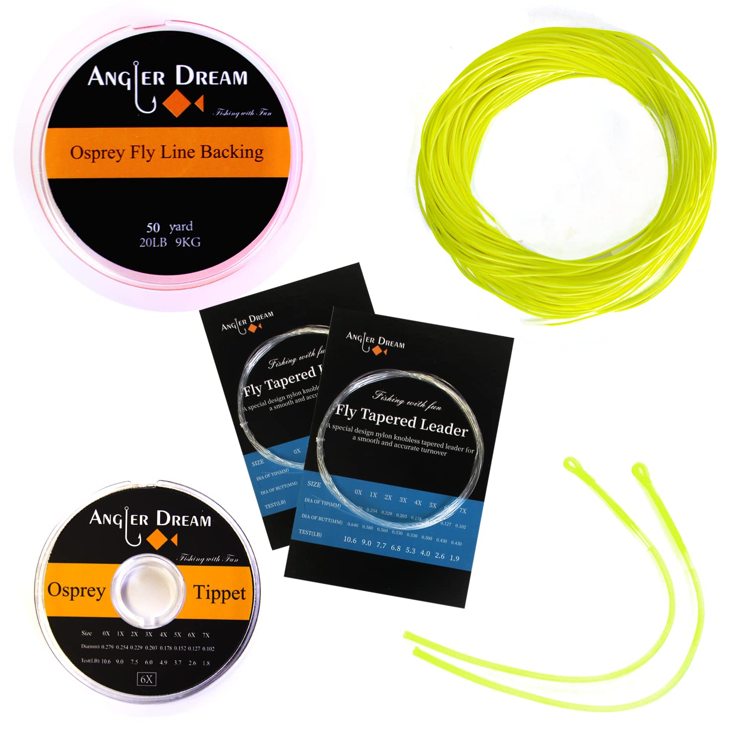 AnglerDream WF Fly Fishing Line Kit 1 2 3 4 5 6 7 8 9WT Fly Fishing Line  Leader Braided Backing Fish Line Fluo Yellow WF 9F Fly Line Combo