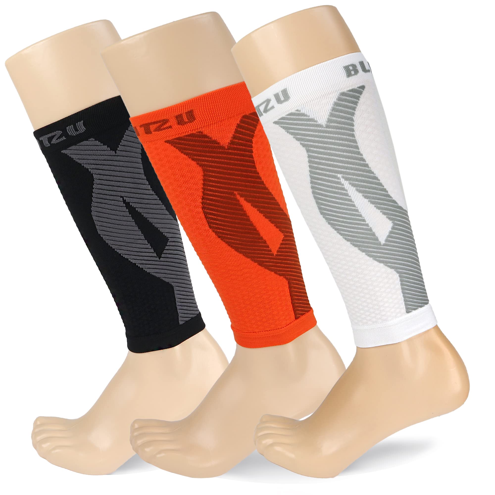 BLITZU 3 Pairs Calf Compression Sleeves for Women and Men Size L-XL, One  Orange, One Black, One White Calf Sleeve, Leg Compression Sleeve for Calf  Pain and Shin Splints. Footless Compression Socks.