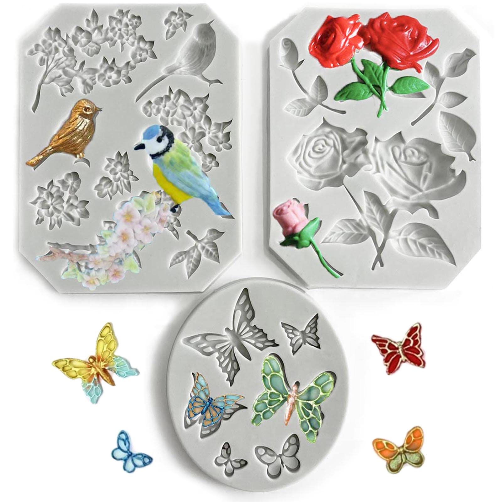 FantasyBear 3pcs Mold Set Blossoms Butterfly and Birds Silicone Molds for  Cake Decoration Chocolate Fondant Cupcake