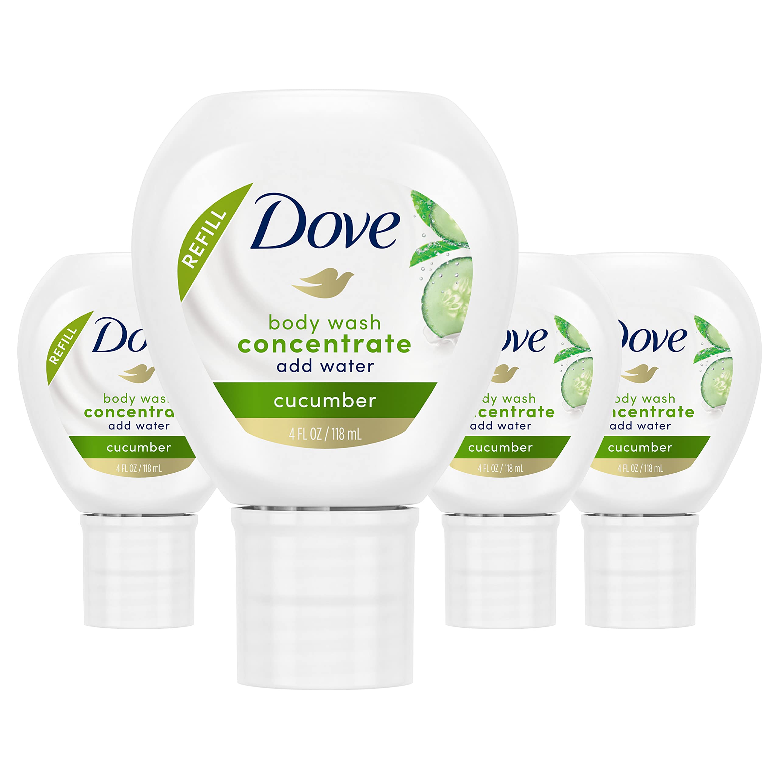 Dove Body Wash Concentrate Refill for use reusable bottle Cucumber for  Instantly Soft Skin and Lasting Nourishment 4 fl oz (makes 16 fl oz) 4 pack